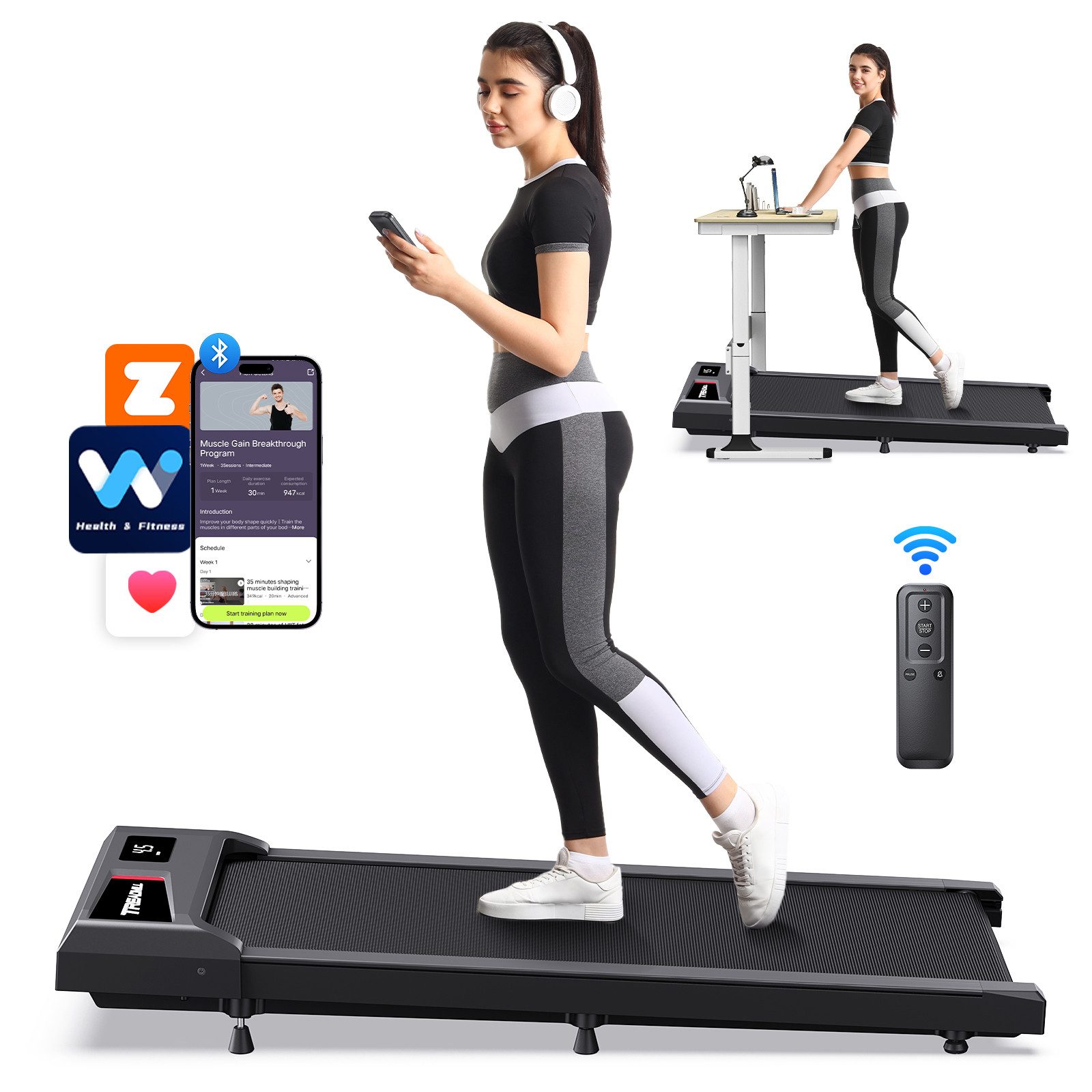 Cardirun Laufband Walking Pad mit Steigung 2-6KM/H, Dreifacher Dämpfung und (ohne Armlehnen), Leisem 2,5PS Motor, Laufband Schreibtisch Max. Belastung 136KG