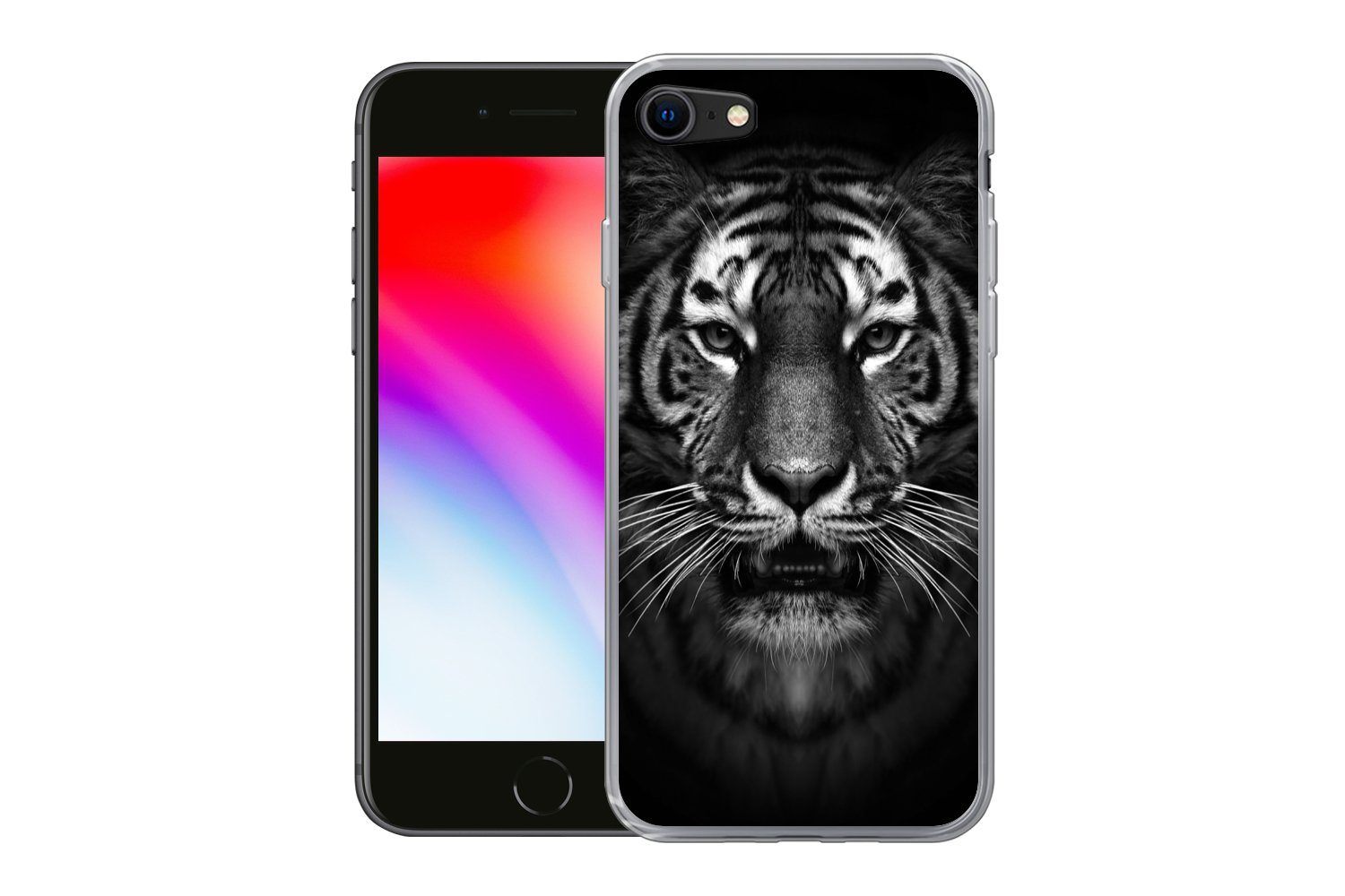 MuchoWow Handyhülle für Apple iPhone 8 Tiger - Tiere - Schwarz - Weiß - Porträt - Wild, Smartphone-Bumper, Print, Handy Schutzhülle Dünn