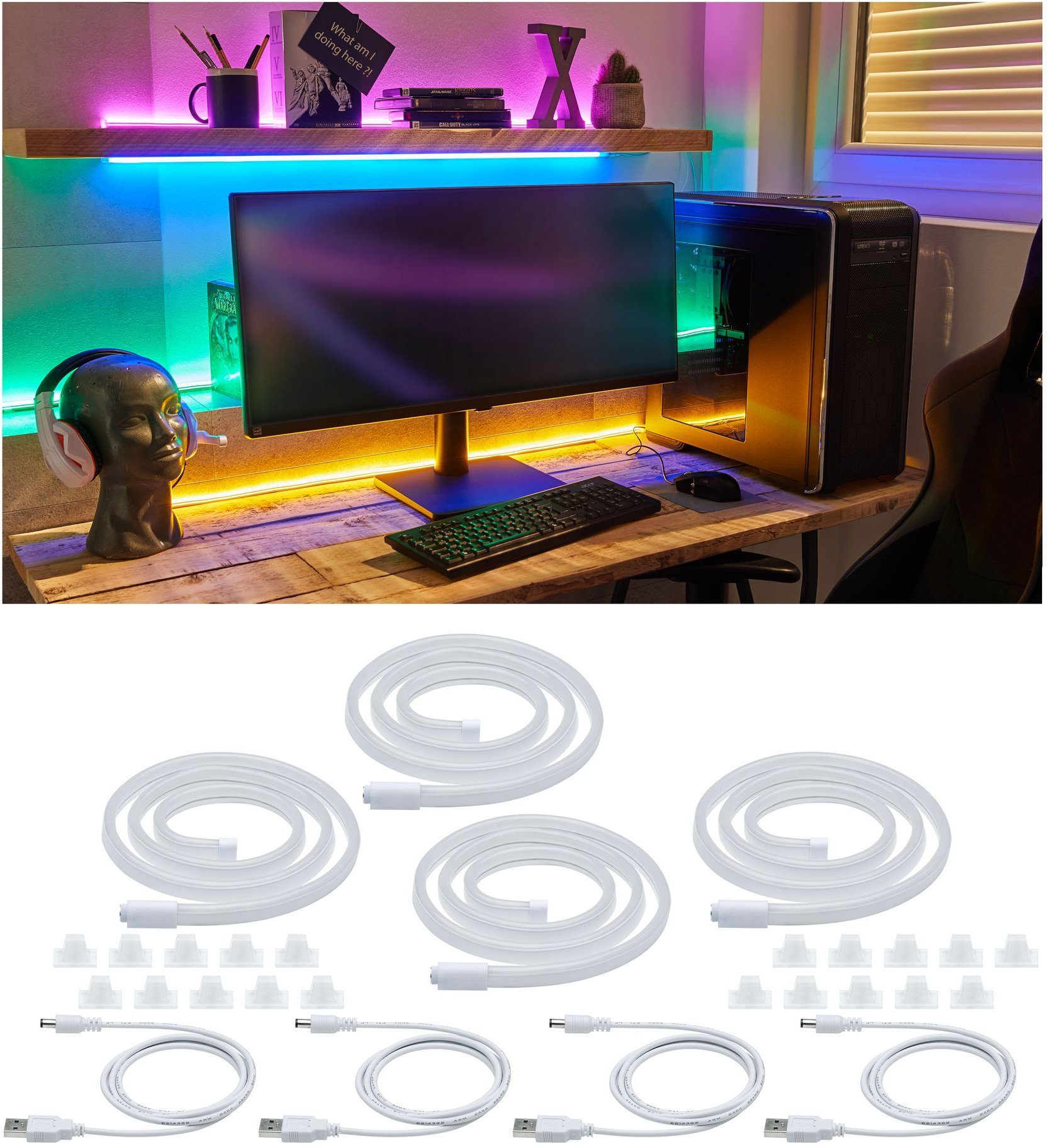 Paulmann LED-Streifen Neon Colorflex USB Strip, mixed box: 4x1m blau, orange,  pink, grün, 4x5W 5V, Gaming, PC, Plug \'n\' Play - betriebsfertiges Strip-Set