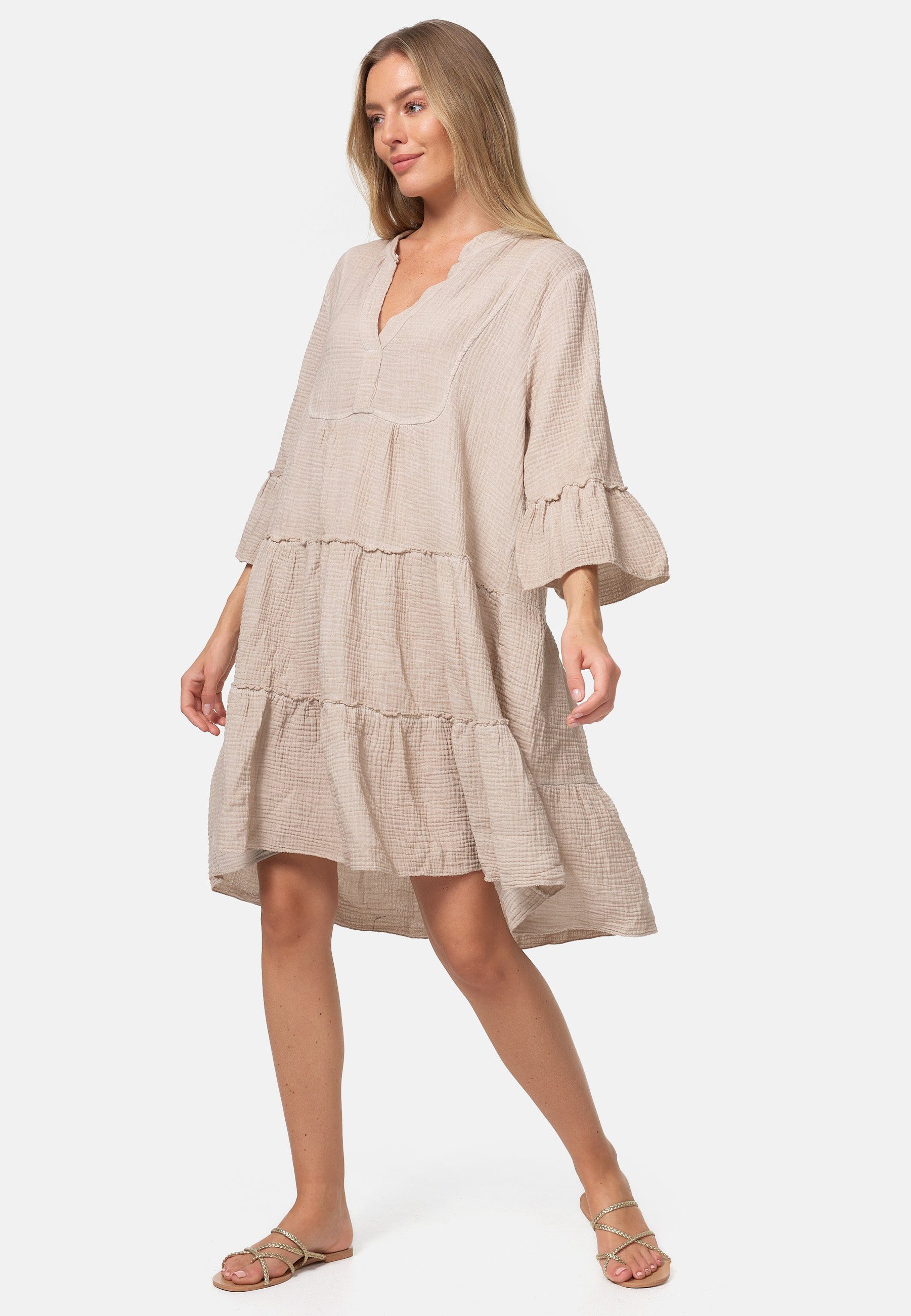 Rayshyne Sommerkleid PM39 (Leichtes Sommer Minikleid aus Musselin mit Rüschen) Musselin, Baumwolle, Rüschen, 3/4 Ärmel, Oversize