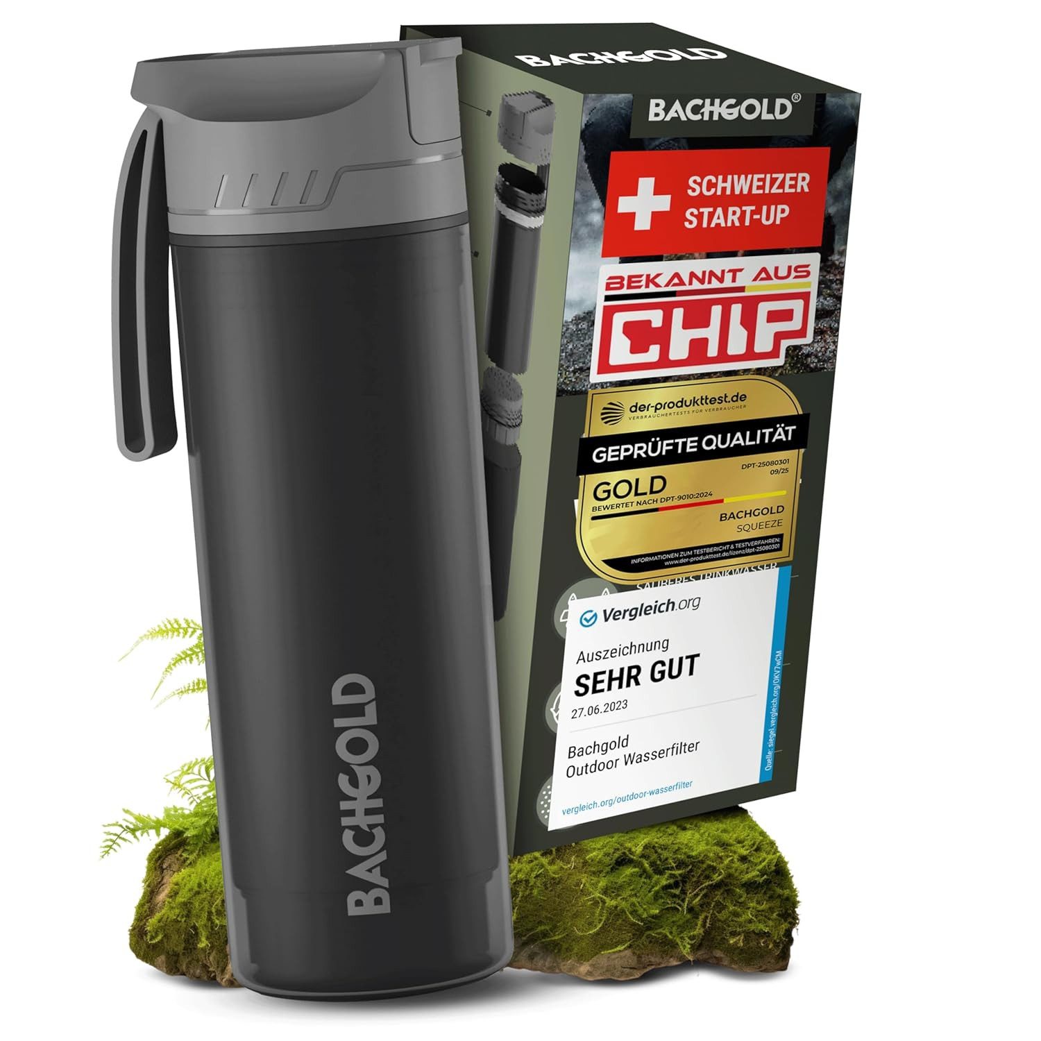 BACHGOLD Trinkflasche Profi Outdoor Wasserfilter Flasche mit 1500L Filterkapazität, Entfernt 99,99 % Bakterien & filtert Viren, Partikel & Schwermetalle