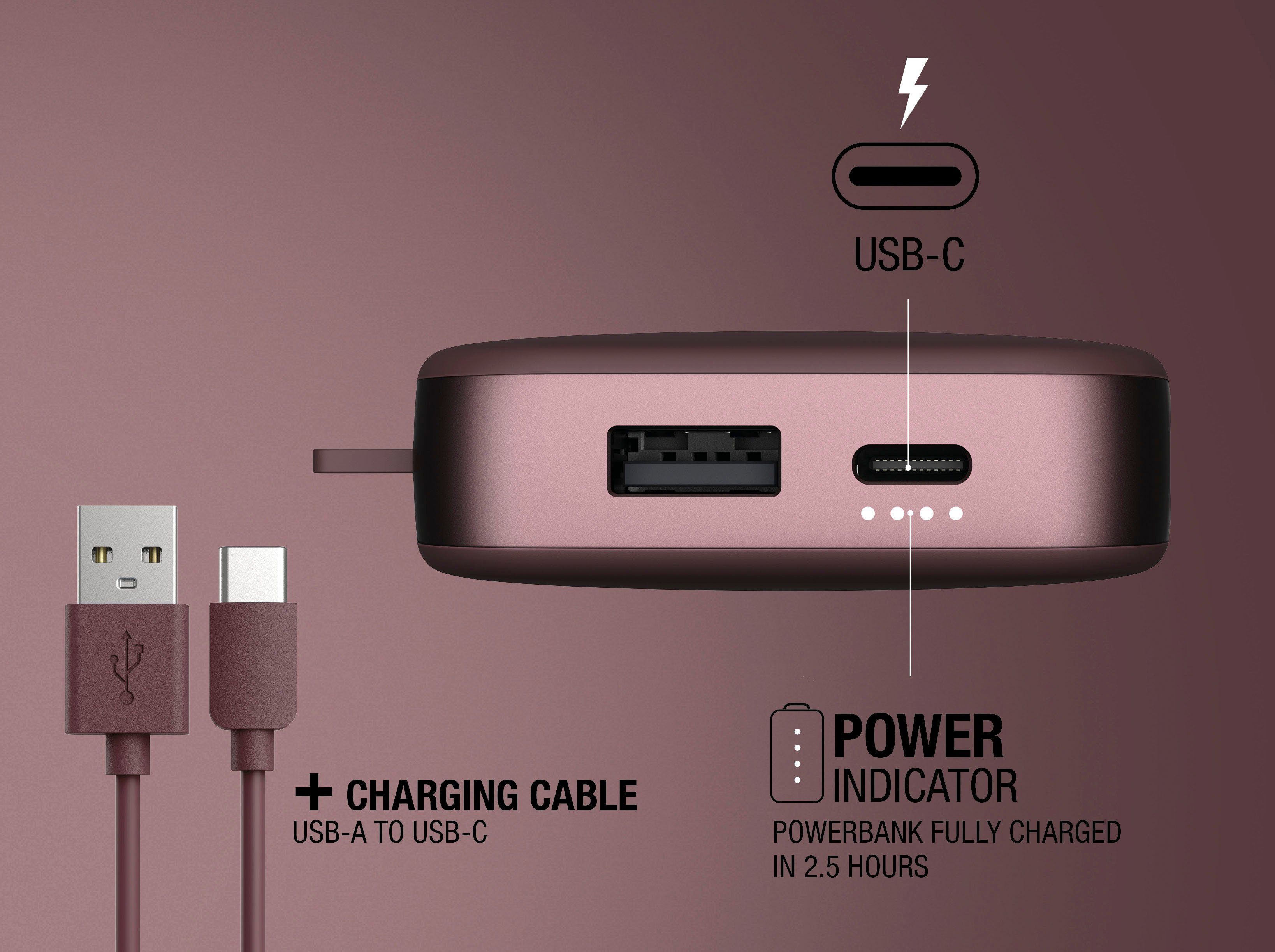 Powerbank dunkelrot Fast Ultra Charge mit 12000mAh 20W Rebel Fresh´n Power USB-C, PD Pack &