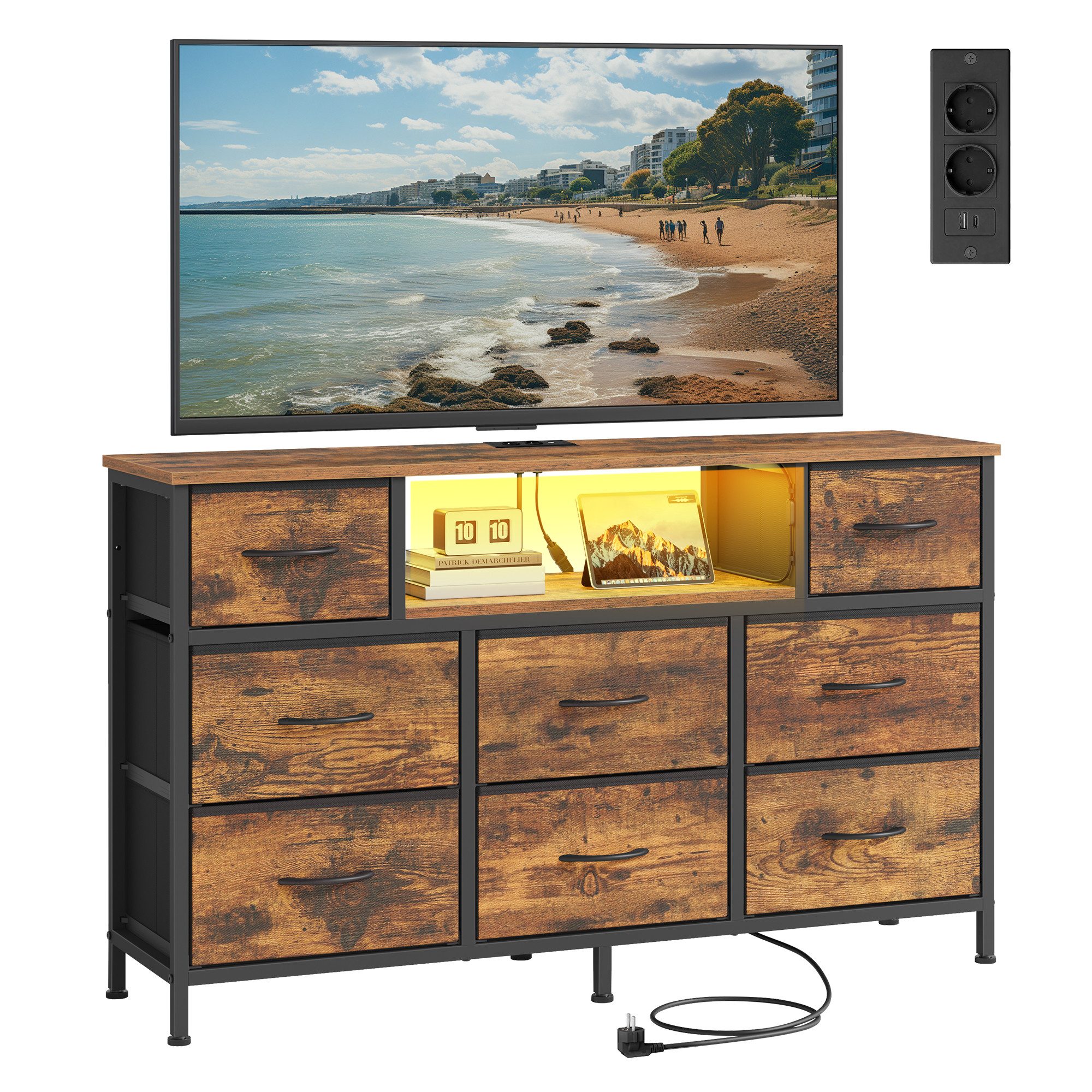 SONGMICS Kommode Sideboard mit Steckdosen und LED-Beleuchtung, mit 8 Stoffschubladen, 113,8 x 30 x 68,1 cm, für Schlafzimmer