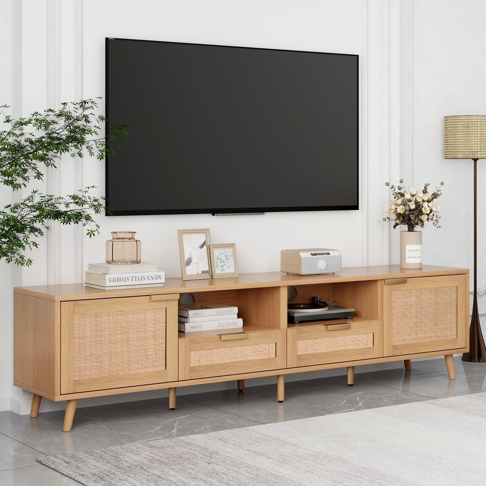 TV-Schrank mit Geflochtener TV-Tisch Holzfüßen, (TV-Konsolentisch,200*37*49cm) Sideboard massiven Rattan-TV-Boards SPLOE HAUSS Natur Beistellschrank