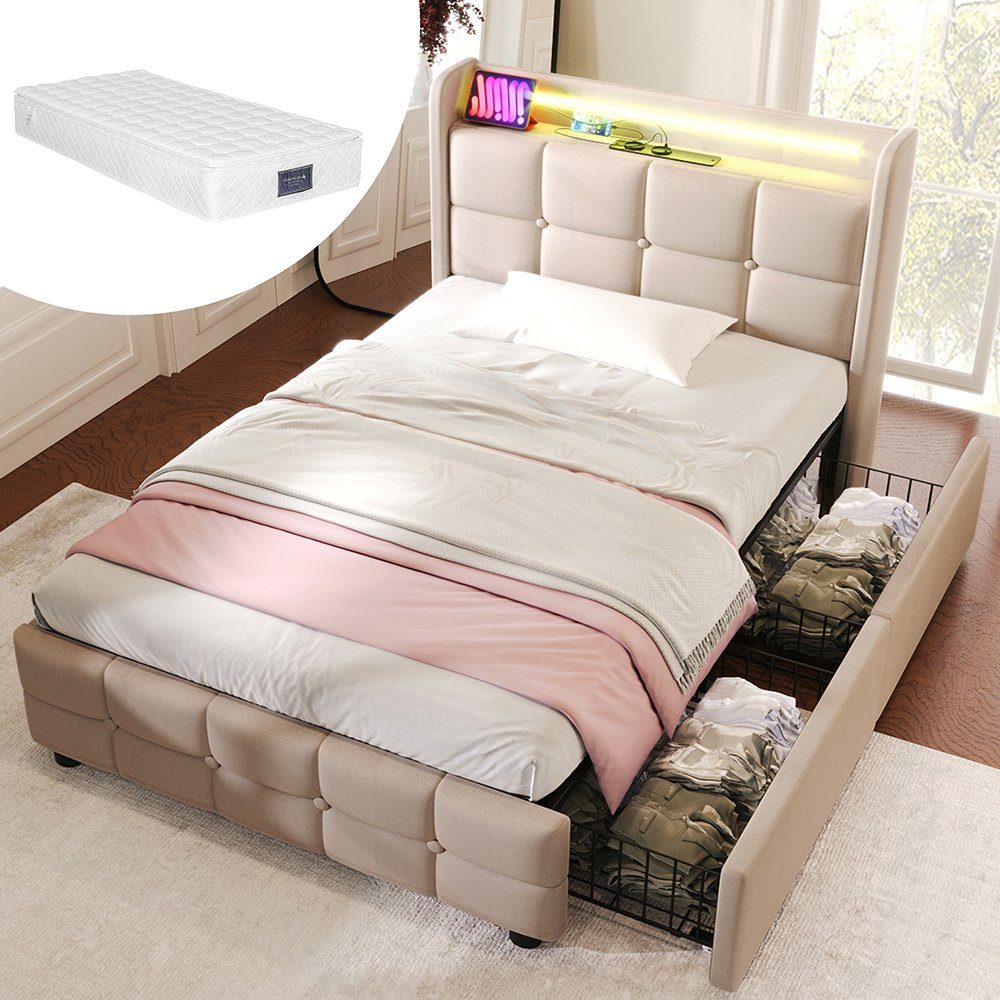 Polsterbett (Stauraumbett mit Lattenrost und Matratze), Einzelbett 90x200cm mit LED-Beleuchtung, Ladefunktion und 2 Schubladen