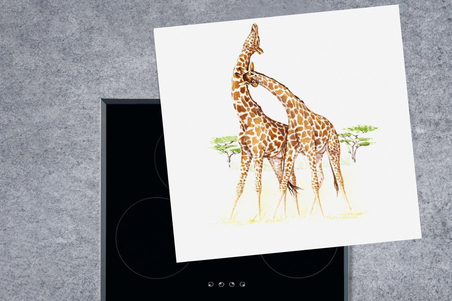 78x78 cm, küche Ceranfeldabdeckung, Baum MuchoWow Herdblende-/Abdeckplatte Aquarell, - tlg), Giraffe Arbeitsplatte - Vinyl, für (1