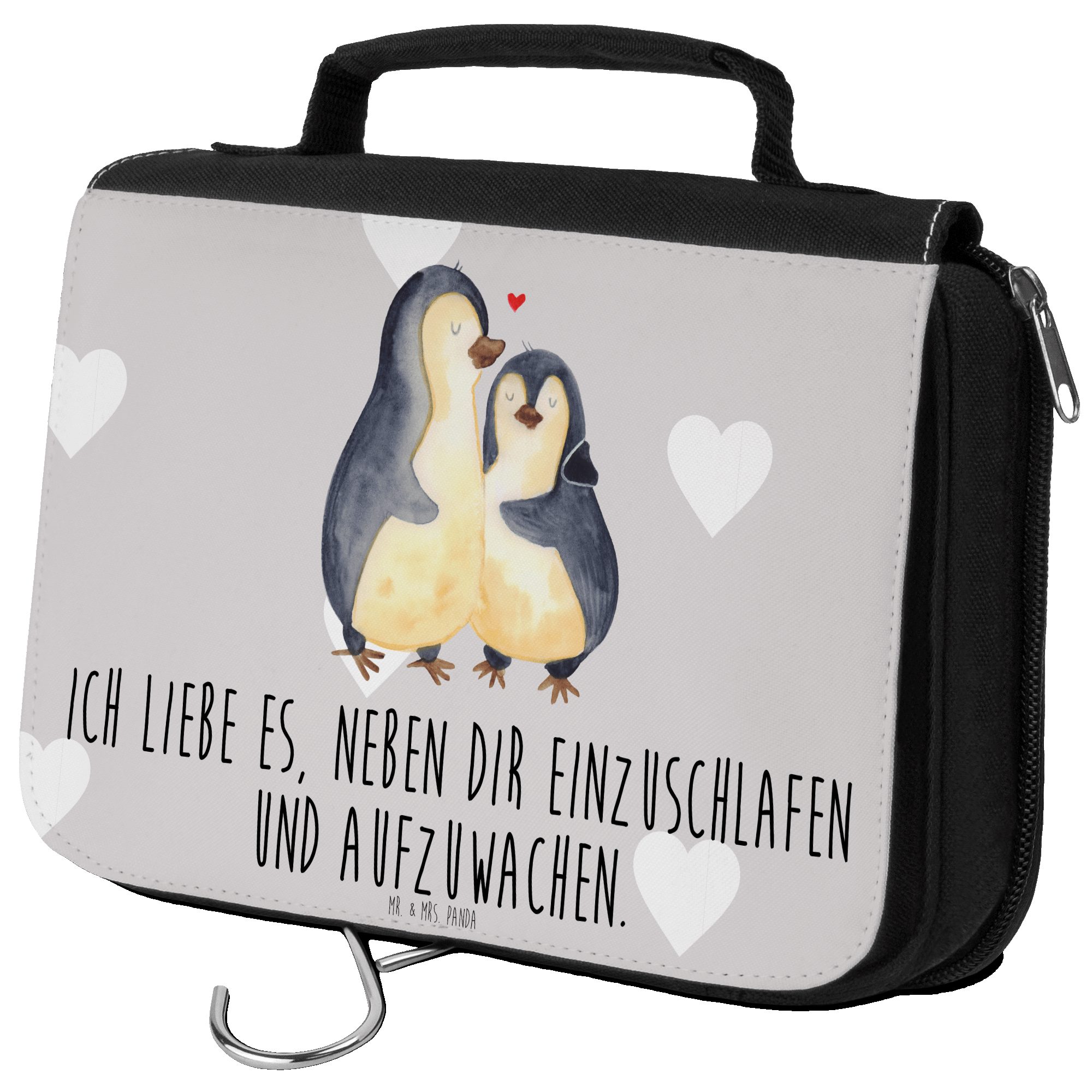 Mr. & Mrs. Panda Kulturbeutel Pinguine Einschlafen - Grau Pastell - Geschenk, Kulturbeutel, Mitbrin (1-tlg)