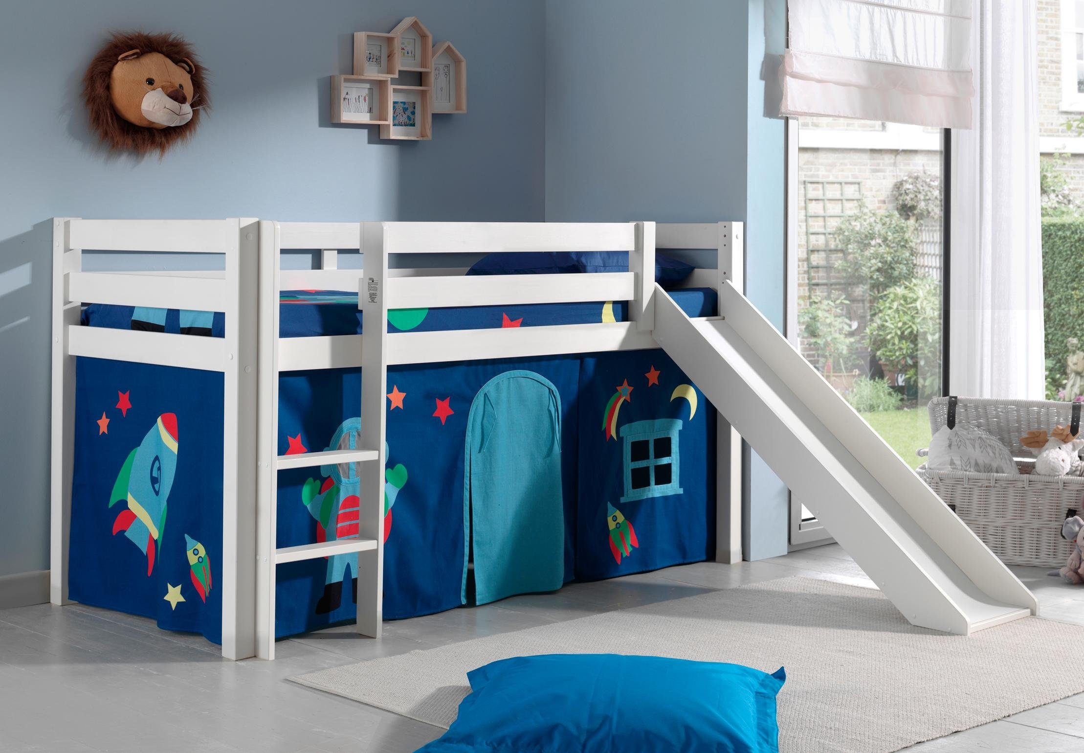 Vipack Hochbett Pino, Spielbett massiv Kiefer, stabil gebaut, 3 Korpusfarben zur Wahl (inkl. Rolllattenrost, Leiter und Absturzschutz, mit oder ohne Rutsche) Textil-Set "Astronaut", inkl. Vorhang, mit oder ohne Tunnel