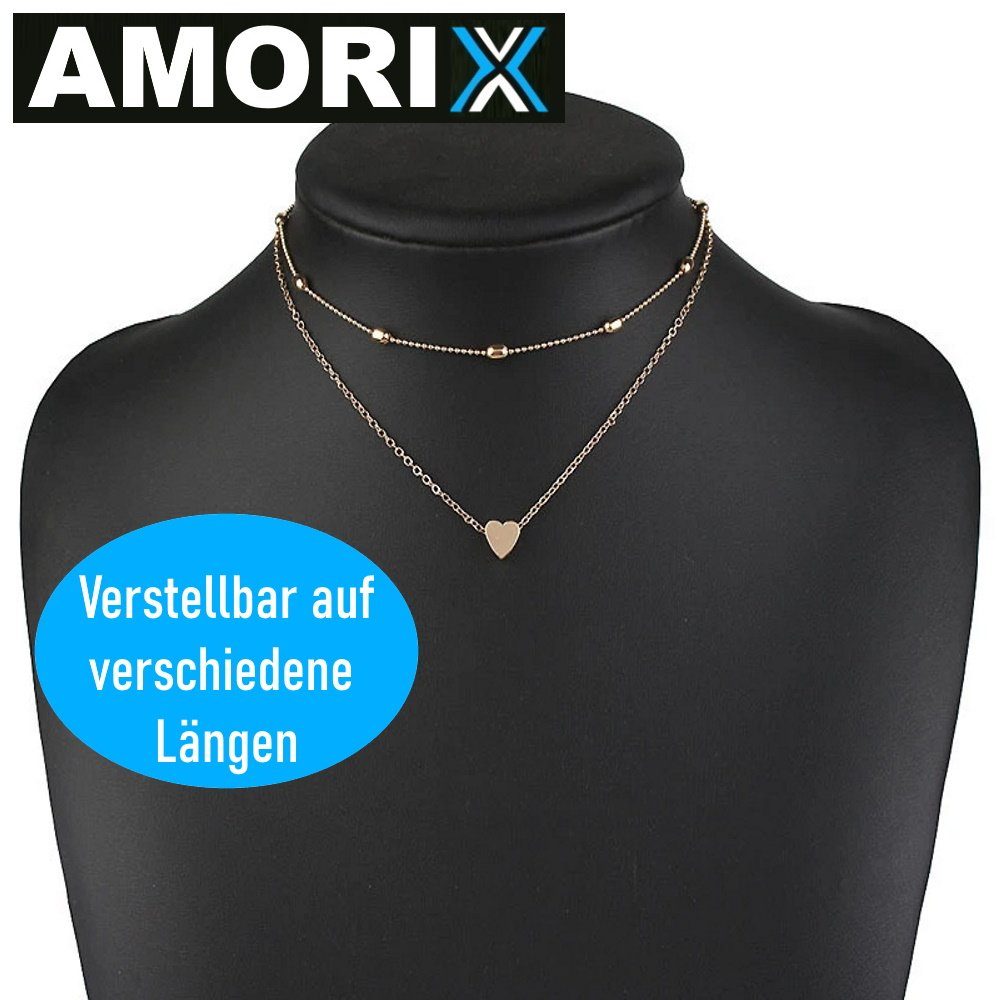 Statement Kette AMORIX mit Doppelkette Herz Kette gold 2er kurz Damen MAVURA Doppel Blogger Halskette Valentinstag Herzkette Set, Anhänger