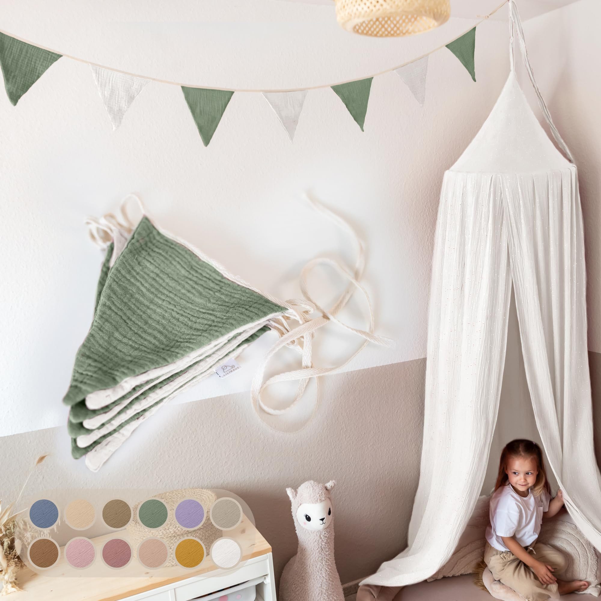 lilimaus Wimpelkette Handgemachte Wimpelkette für Kinderzimmer aus Musselin-Baumwolle, Stilvolle Girlande aus Baumwolle - Perfekt für Kinderzimmer Deko