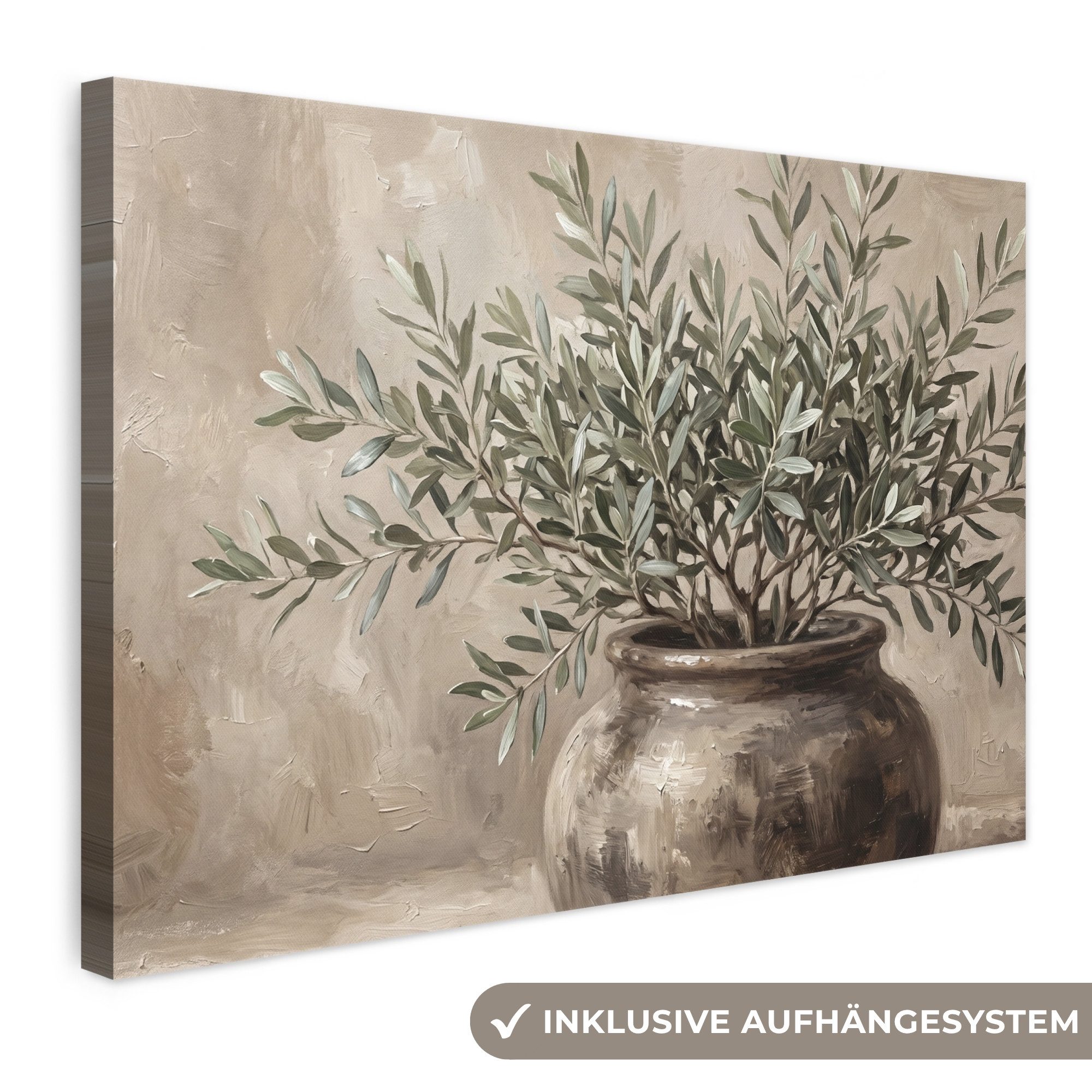 OneMillionCanvasses® Leinwandbild Olivenpflanze - Tontopf - Abstrakt - Beige, Fotodruck (1 St), Leinwand Bilder Klein, Wand Dekoration Aesthetic 30x20 cm