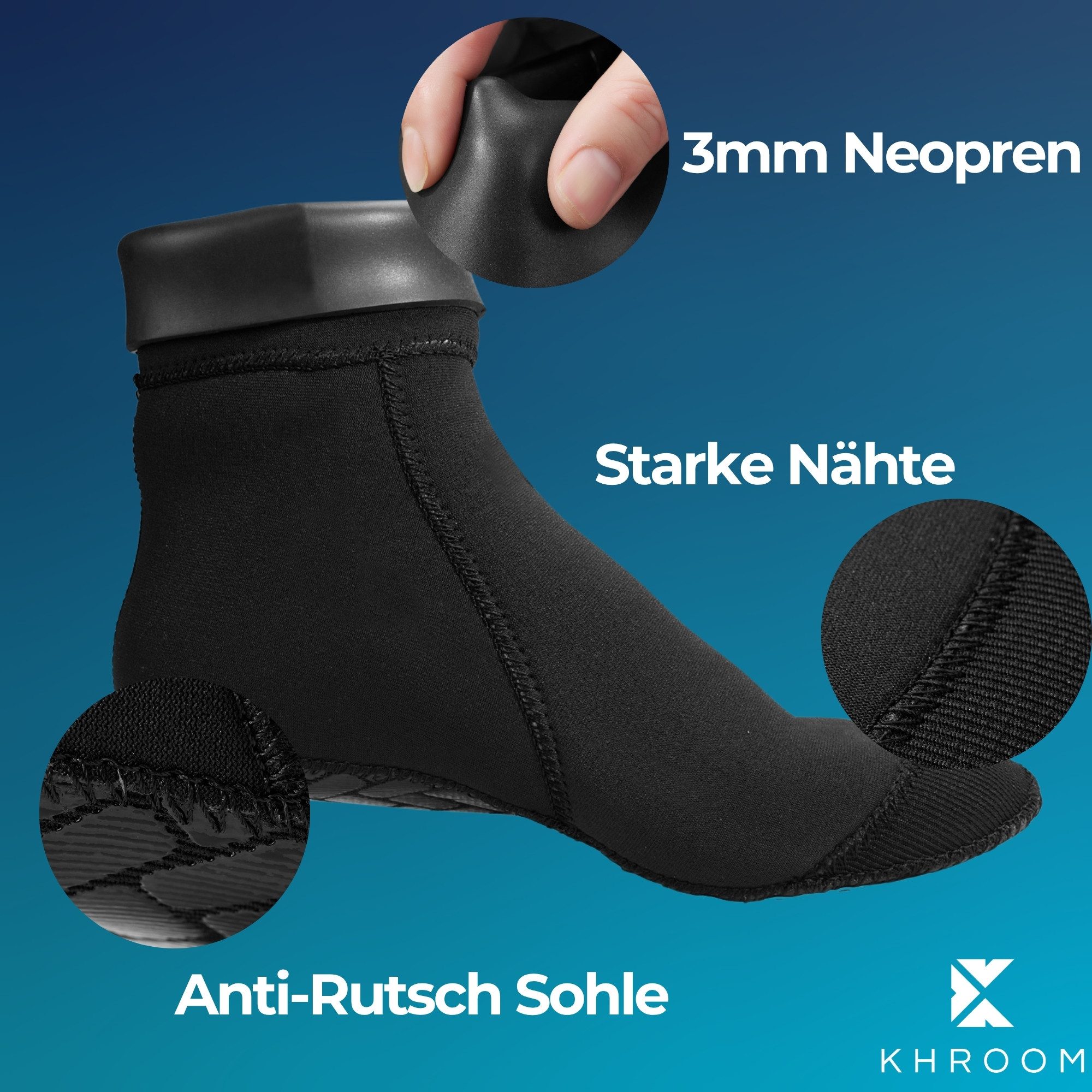 Khroom Neoprensocken 3mm Neoprensocken Gr. 32-46 Schwarz, Wassersocken Anti-Rutsch Sohle