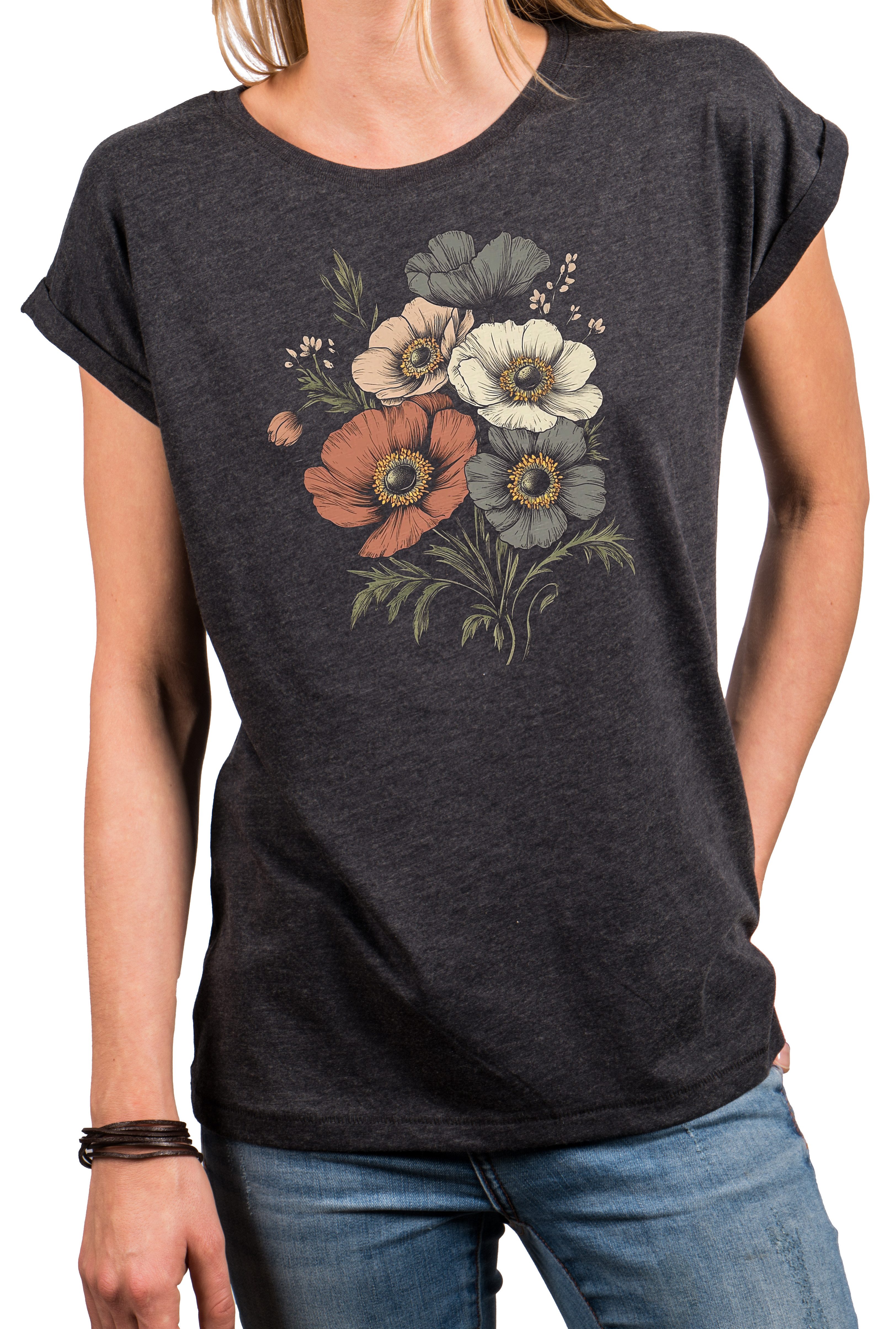 MAKAYA T-Shirt Damen Sommer Top mit Vintage Blumenprint im Retro Boho Style (Schwarz, Blau, Dunkelgrau, 34, 36, 38, 40, 42, 44, 46, 48, 50) Baumwolle