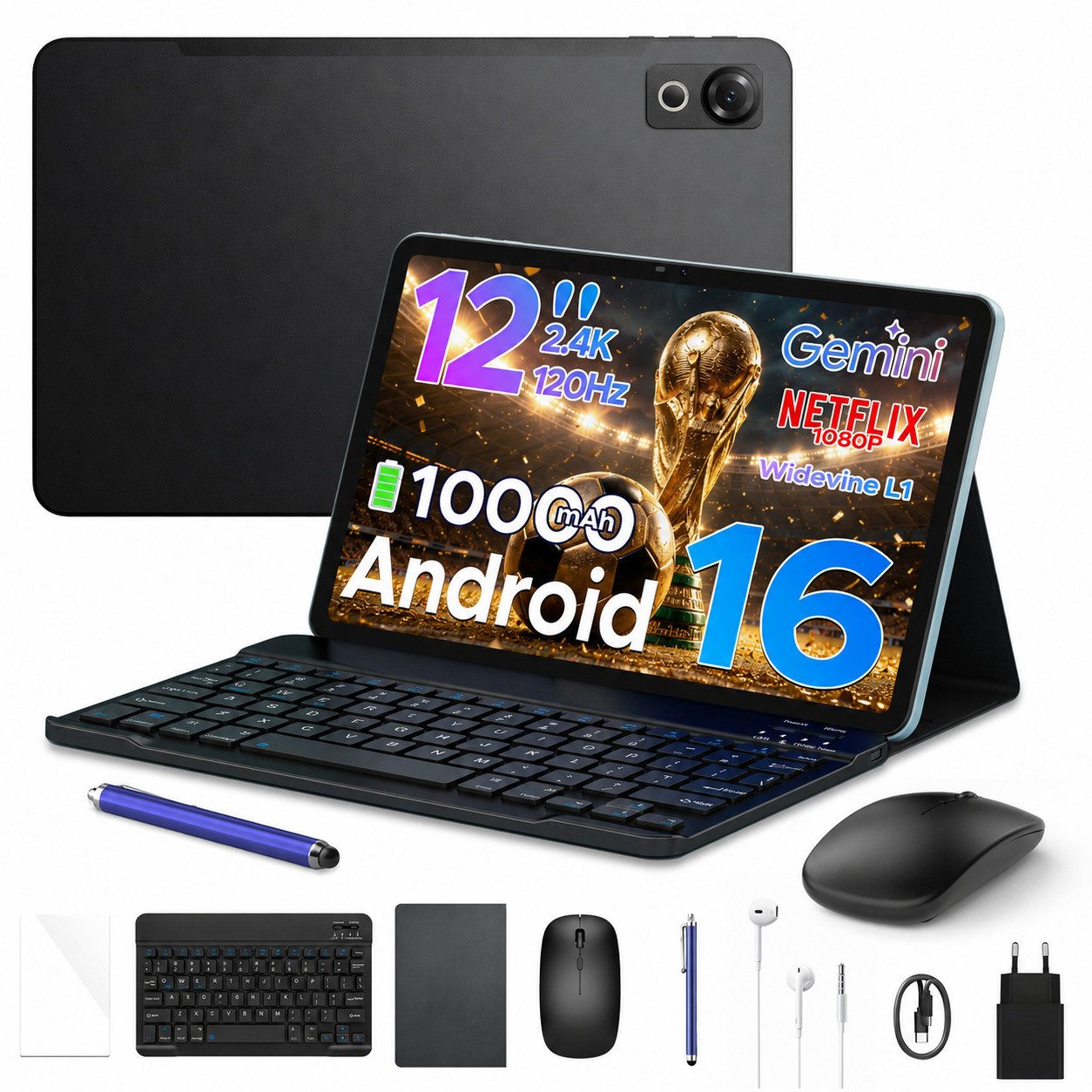 POCKAM 2026 Pockam P12 Android 16 Tablet mit Tastatur 12 Zoll 10000 mAh Tablet (12", 8 GB, Android 16, Octa-Core, 8GB+128GB/2TB, 13MP+8MP, Gemini AI, Face ID, Widevine L1)
