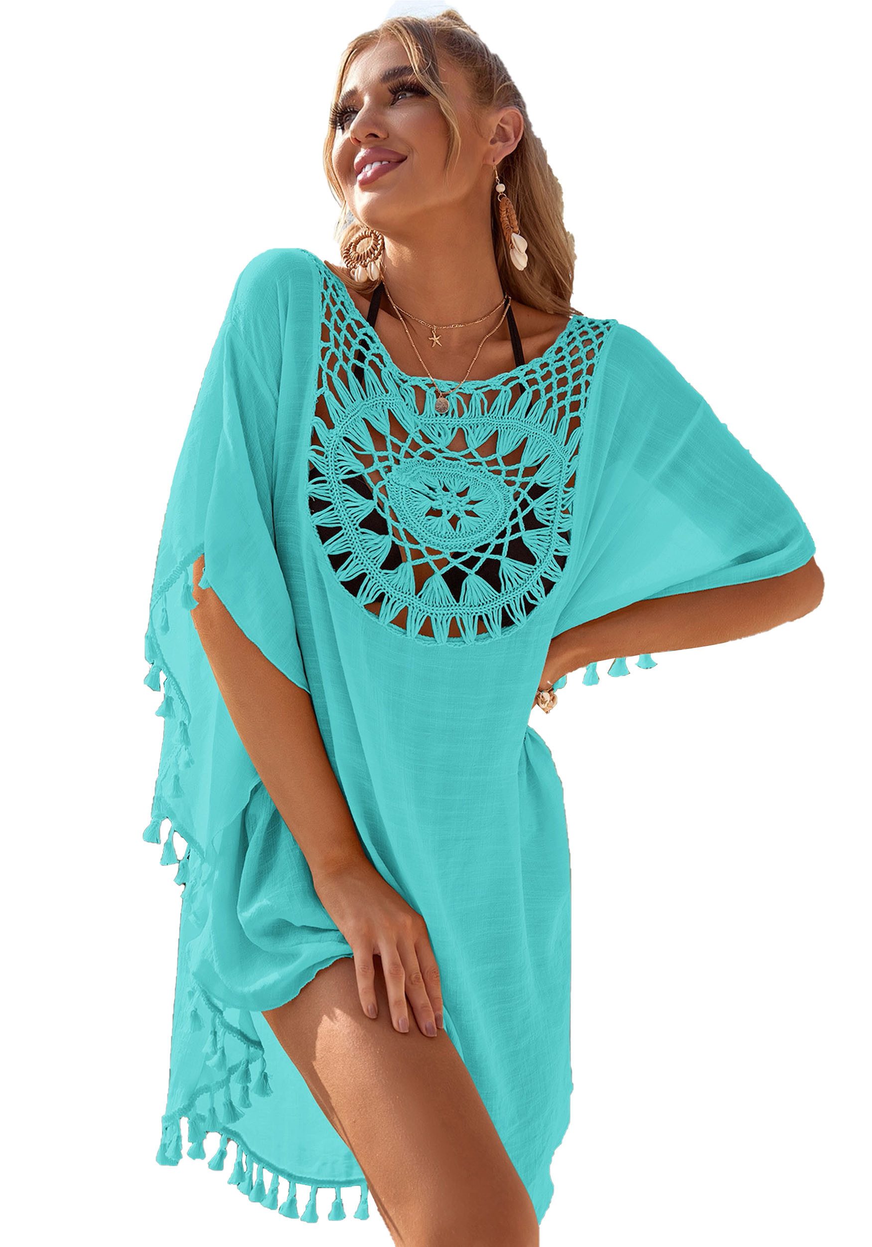 Mutig Strandkleid Damen Strandkleid, Bikini Cover Up,Boho-Stil Strandurlaub Badeanzug (aushöhlen, elegante handgefertigte Häkelarbeit mit Fransen, Sommer Strandponcho, Sommer Strandponcho, Leichter Bikini Überwurf für Strand & Urlaub) Beste Übereinstimmung für Bikini, Shorts, Badeanzug usw