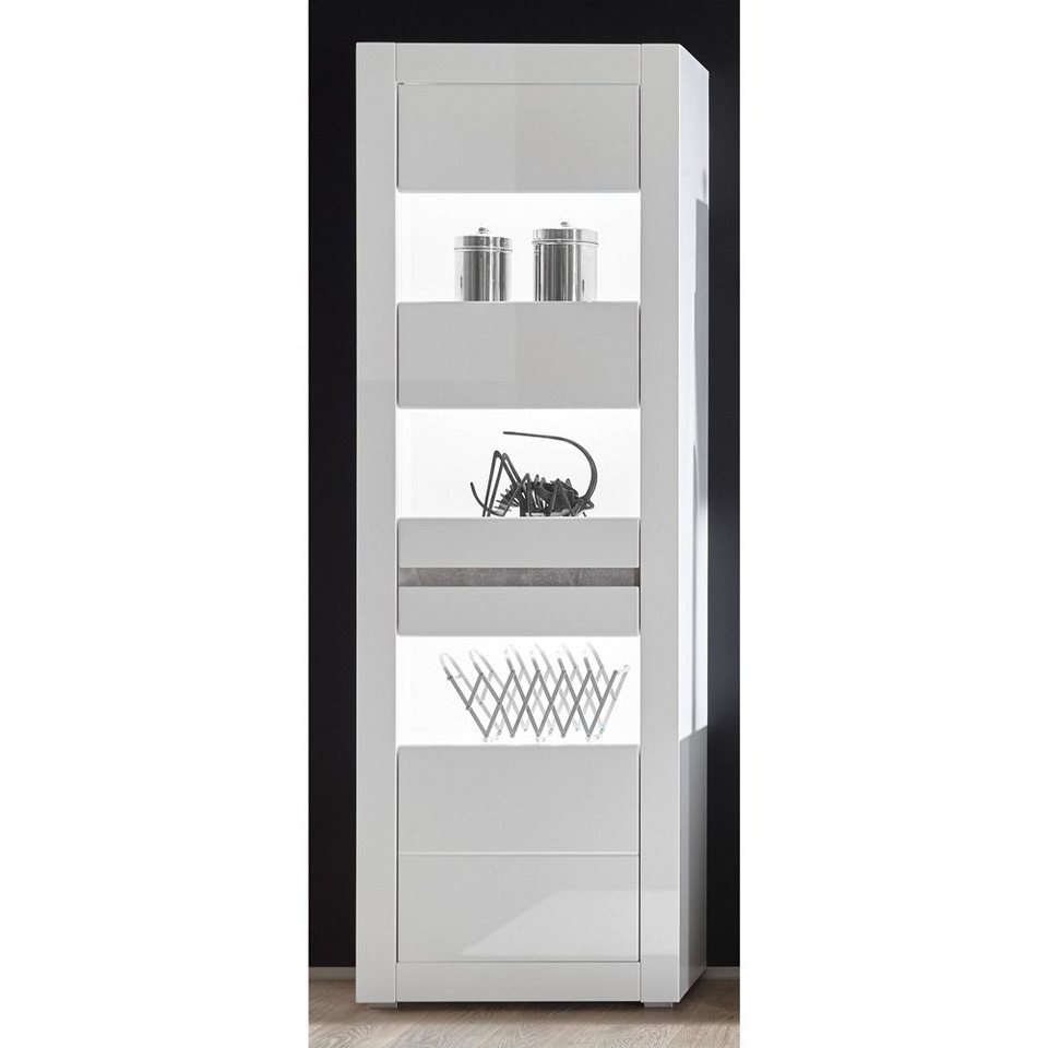 Lomadox Vitrine COGO-61 weiß Hochglanz Beleuchtung Design Griffmulden  66x198x35cm