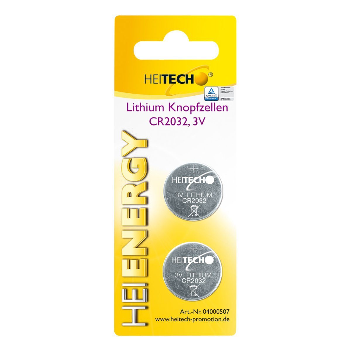 HEITECH Lithium Knopfzellen, 2-er Pack, CR2032, 210 mAh, 3 V Knopfzelle