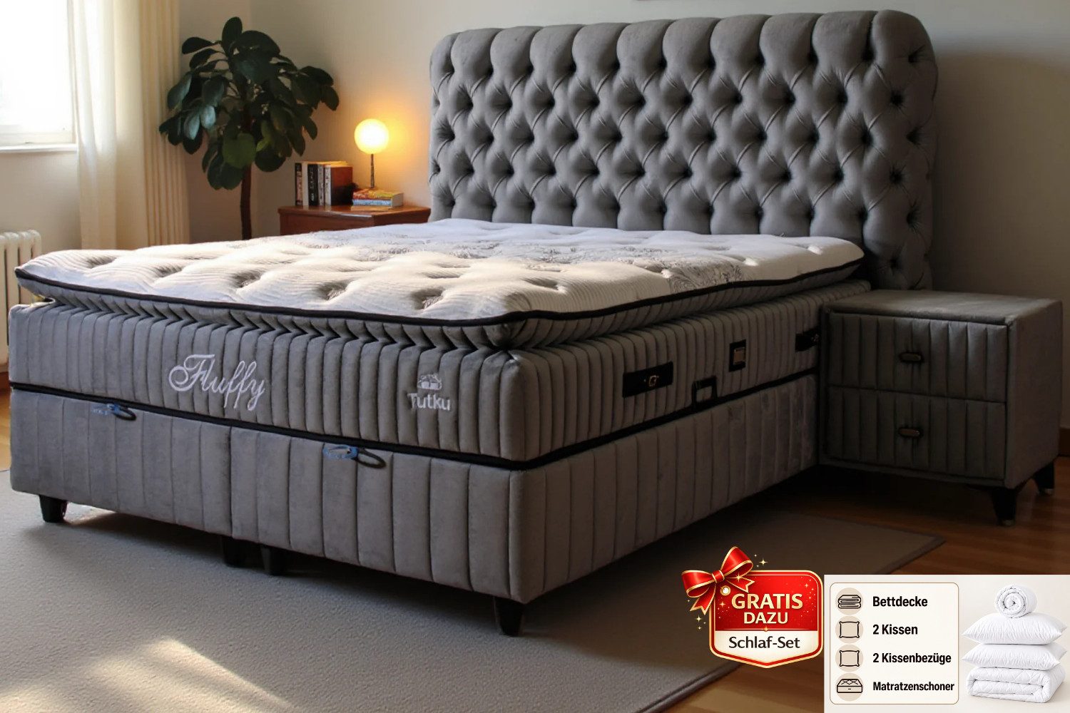 Pointhome Boxspringbett Set, Bss Bedding, Fluffy, Bett-Set ohne oder mit Nachttischen (1x H3 Matratze, 2x Bettkasten, 1x Bettkopfteil, 2 optionale Nachttisch), 7 Zonen Allergenfrei & Atmungsaktiv, Orthopädische Matratze mit Topper
