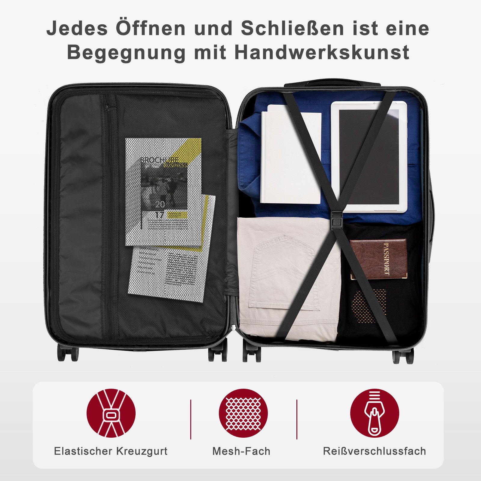 LALAHO Trolley Kofferset Hartschale Reisekoffer, 360° Rollen, 4 Rollen, 4er Set Handgepäck, moderner Koffer, Burgunderrot