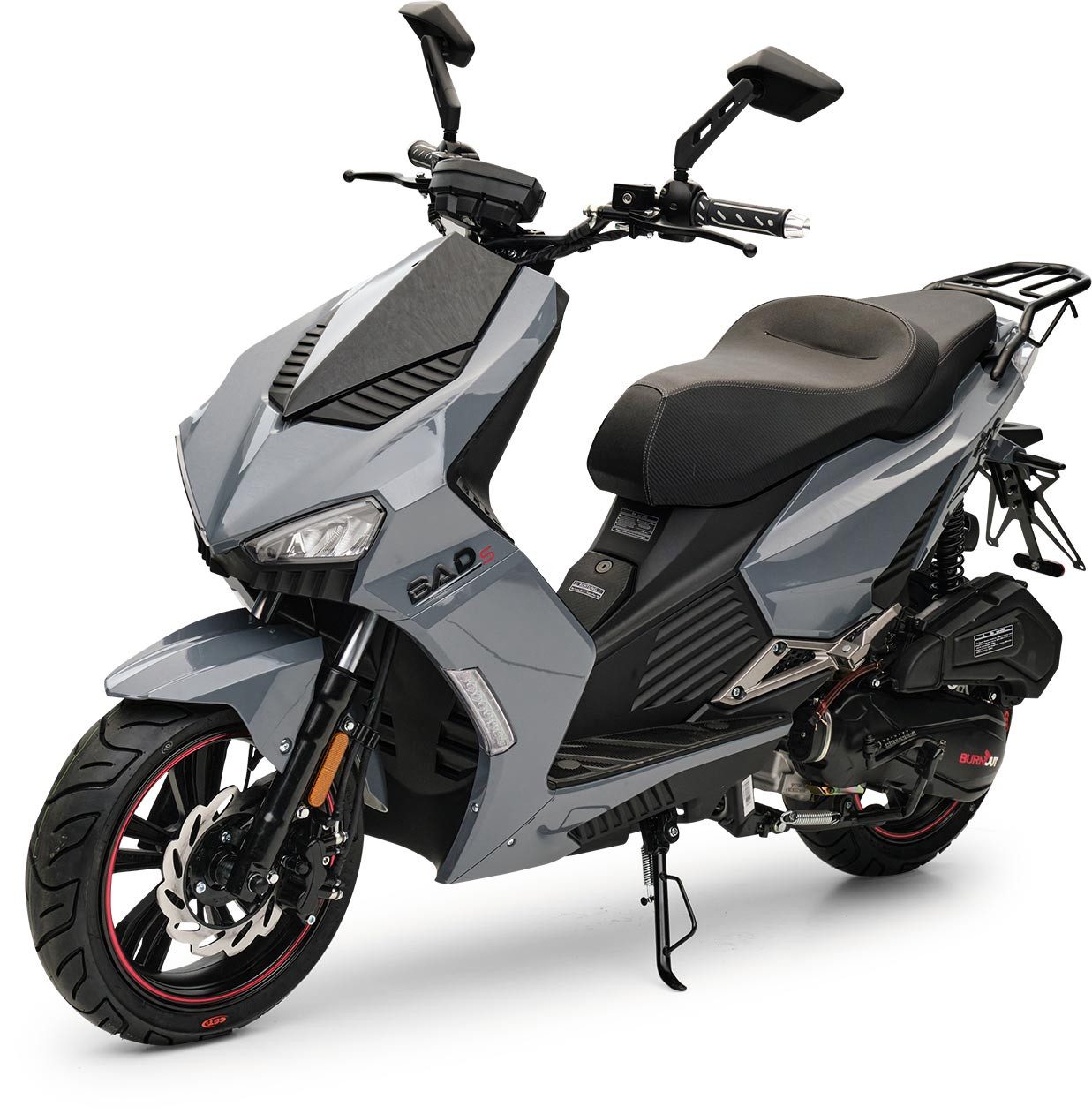 Burnout Motorroller BAD s Grau, 50 ccm, 25 km/h, Euro 5, Sportliches Design, Keyless Go, Alarmanlage, Mofa mit USB Ladedose