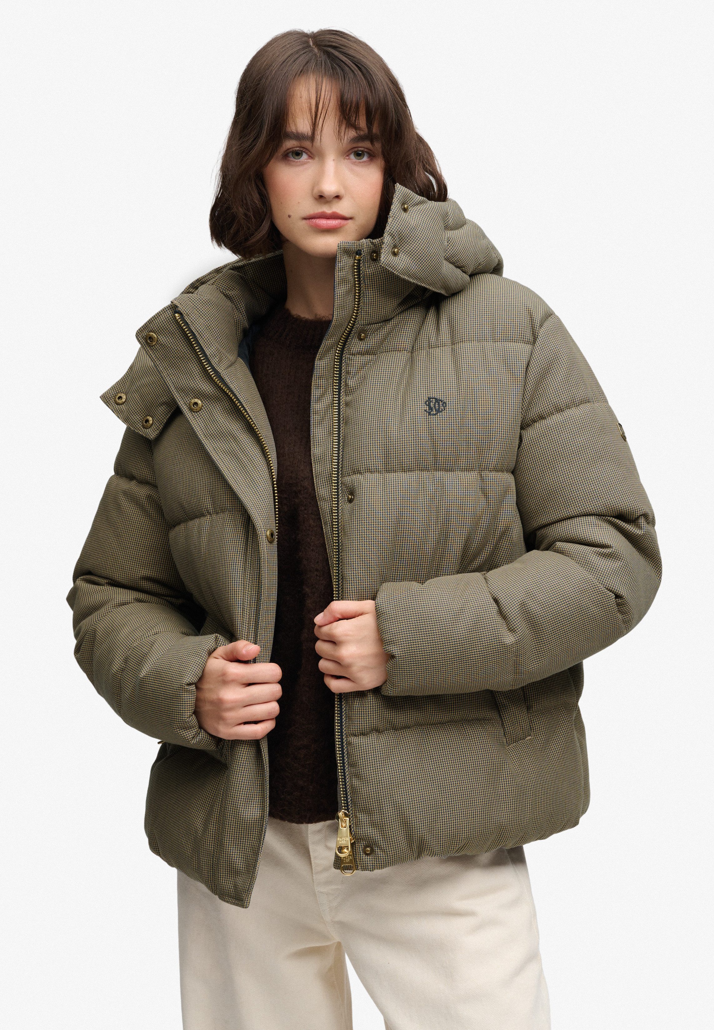 Superdry Steppjacke PREMIUM HOOD CHECK PUFFER JKT Materialmix, relaxed fit, außen aus Webstoff mit Hahnentritt-Muster
