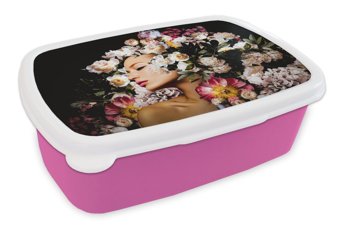 MuchoWow Lunchbox Frauen - Blumen - Rosen - Porträt, Kunststoff, (2-tlg), Brotbox für Erwachsene, Brotdose Kinder, Snackbox, Mädchen, Kunststoff rosa