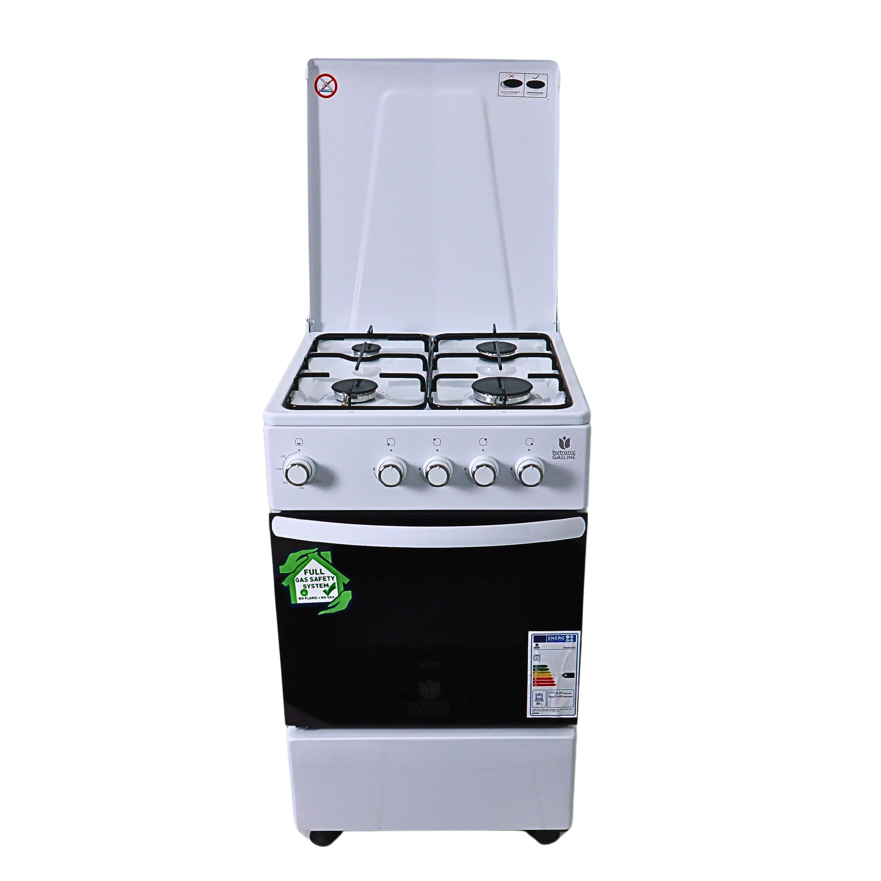 Gasline Gas-Standherd Camping-Herd SHGG5050THT, mit Gasbackofen mit Thermostat, abnehmbare Topfträger,Weiß, Zündsicherung, Erdgas/Propangas, 20mbar/50 mbar