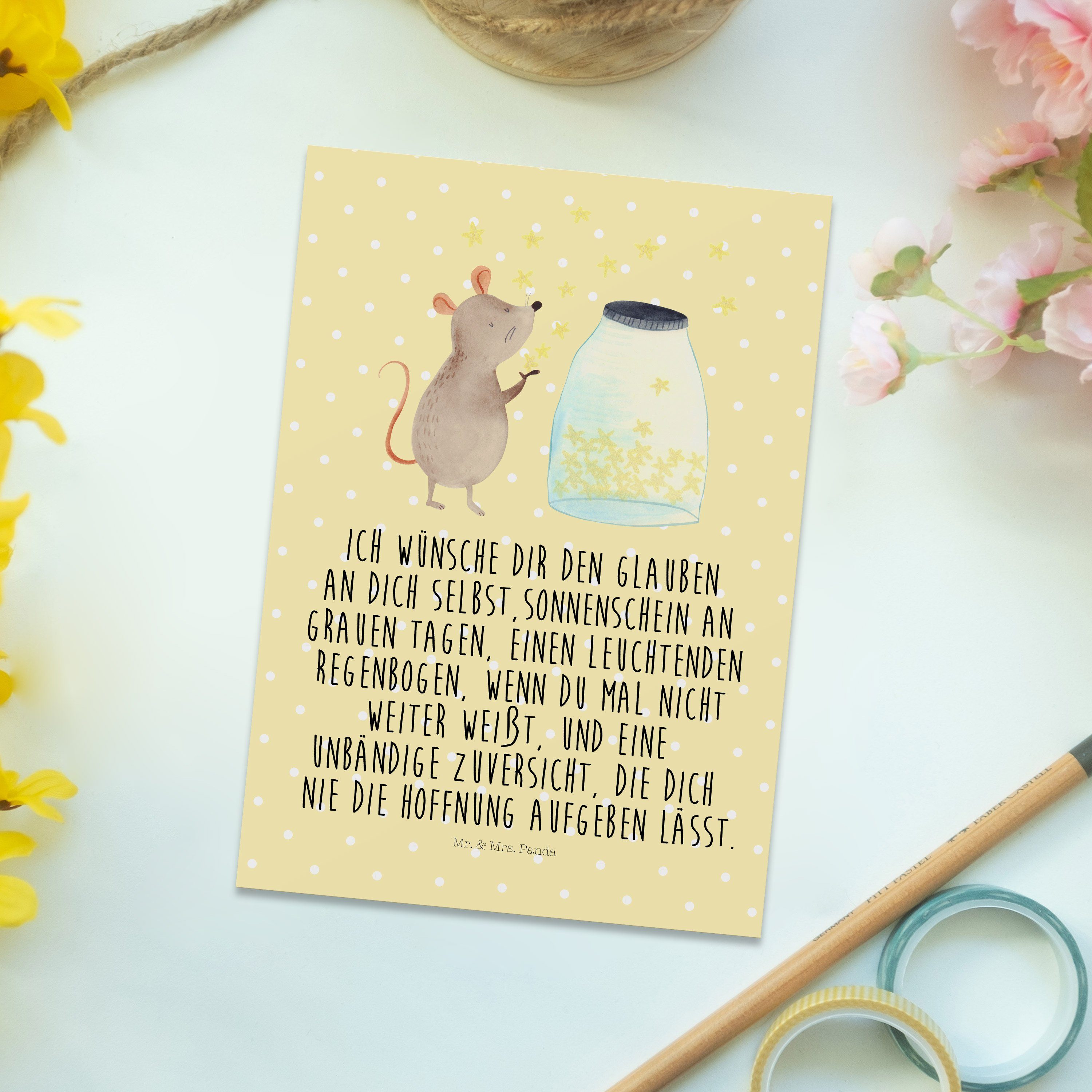 Mr. & Mrs. Panda Postkarte Maus Sterne, Postkarte, Gelb Pastell, Geburt, Ansichtskarte, Postkart, Kindergeburtstag Geburtstag Maus