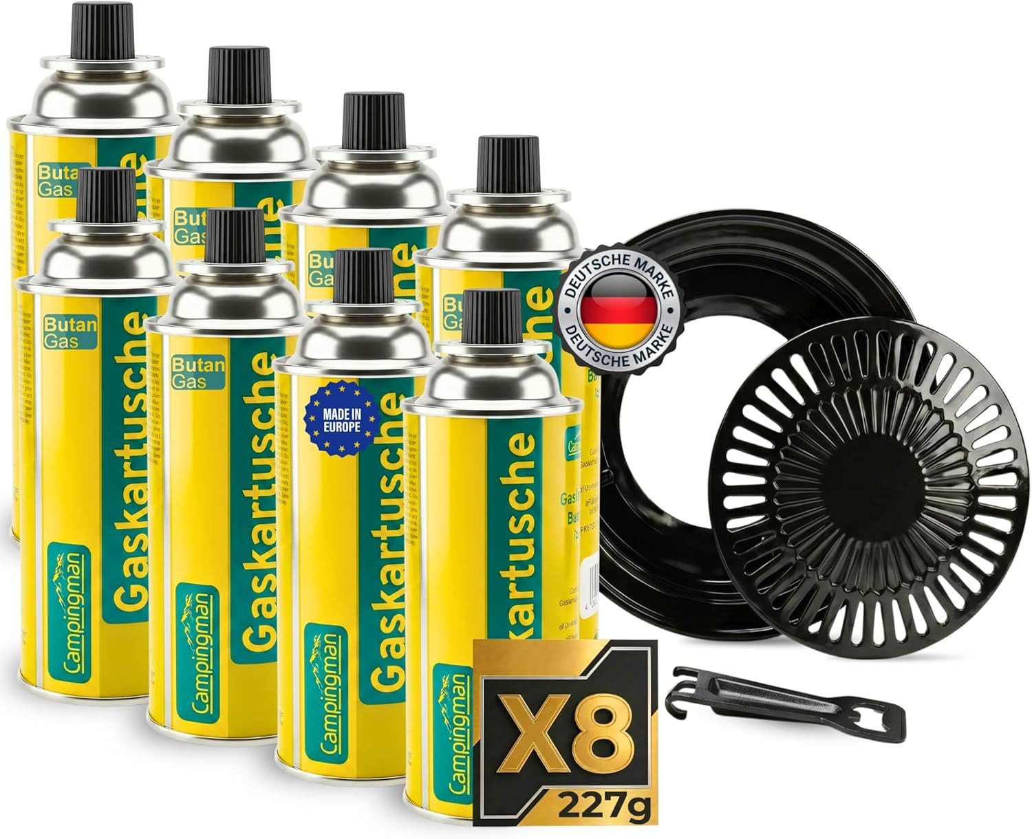 Campingman Gaskartusche Gaskartuschen 8er-Set mit Grillplatte, Zubehör für tandard-Campingkocher und Tischgrills mit Bajonett-Anschluss, 1 St., Outdoor-Set: 8x Butangas-Kartuschen (227g) & 31,5 cm Grillplatte.