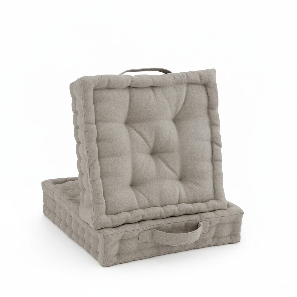 Beautissu Stuhlkissen 2er Set Bodenkissen Sitzkissen Mila, 50x50cm, Taupe, Matratzenkissen 10cm, 100% Baumwolle Stuhlkissen Indoor & Outdoor