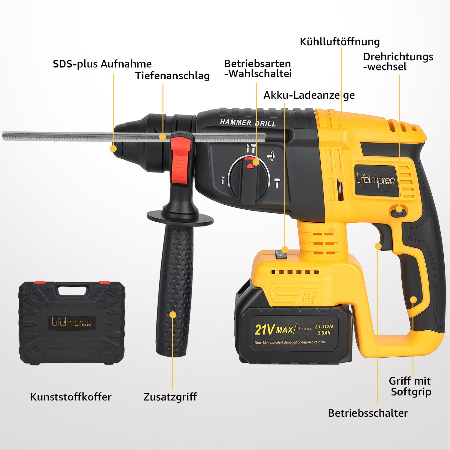 LifeImpree Akku-Bohrhammer SDS-Plus Bohrhammer 800W 7J Schlagenergie, Abbru günstig online kaufen