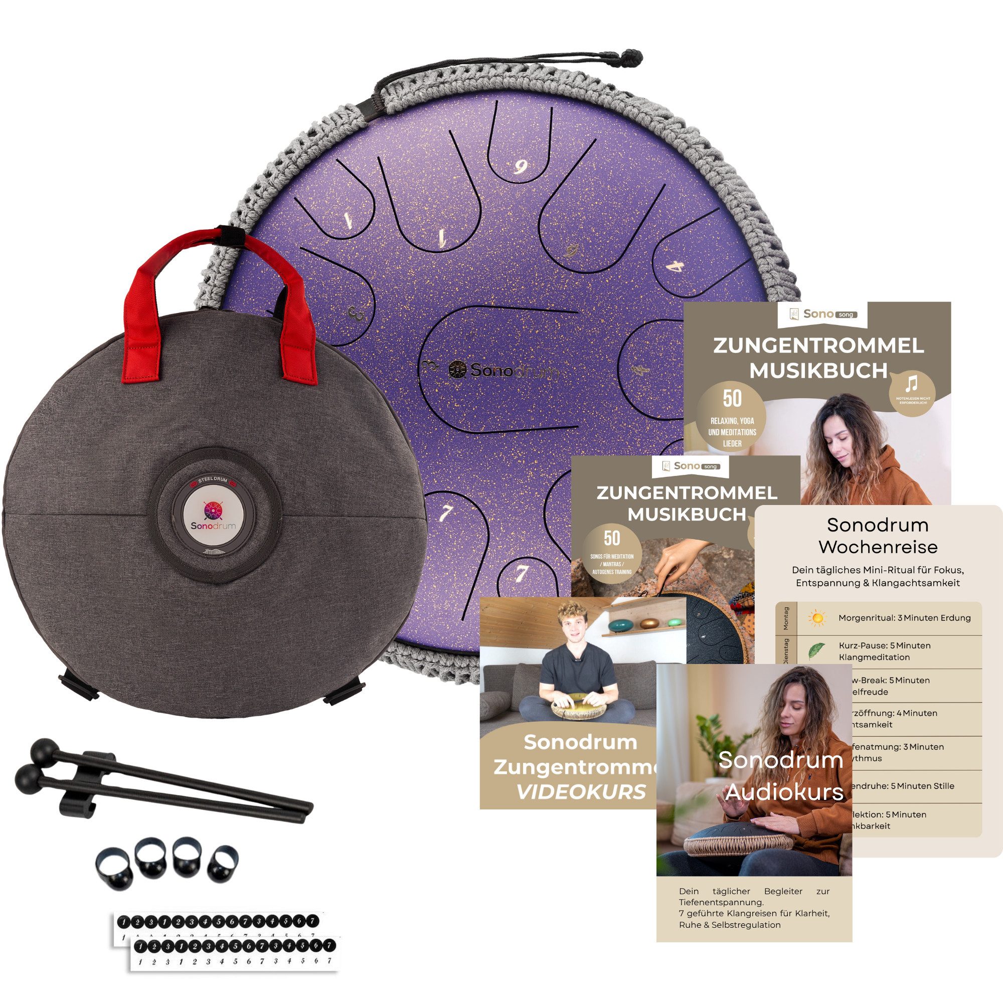 Sonodrum Steel Tongue Drum Premium, Entspannungs-Starter-Set,Entspannungs-Starter-Set, mit Tragetasche und Onlinekurs, 15 Töne in C-Dur, handgefertigt