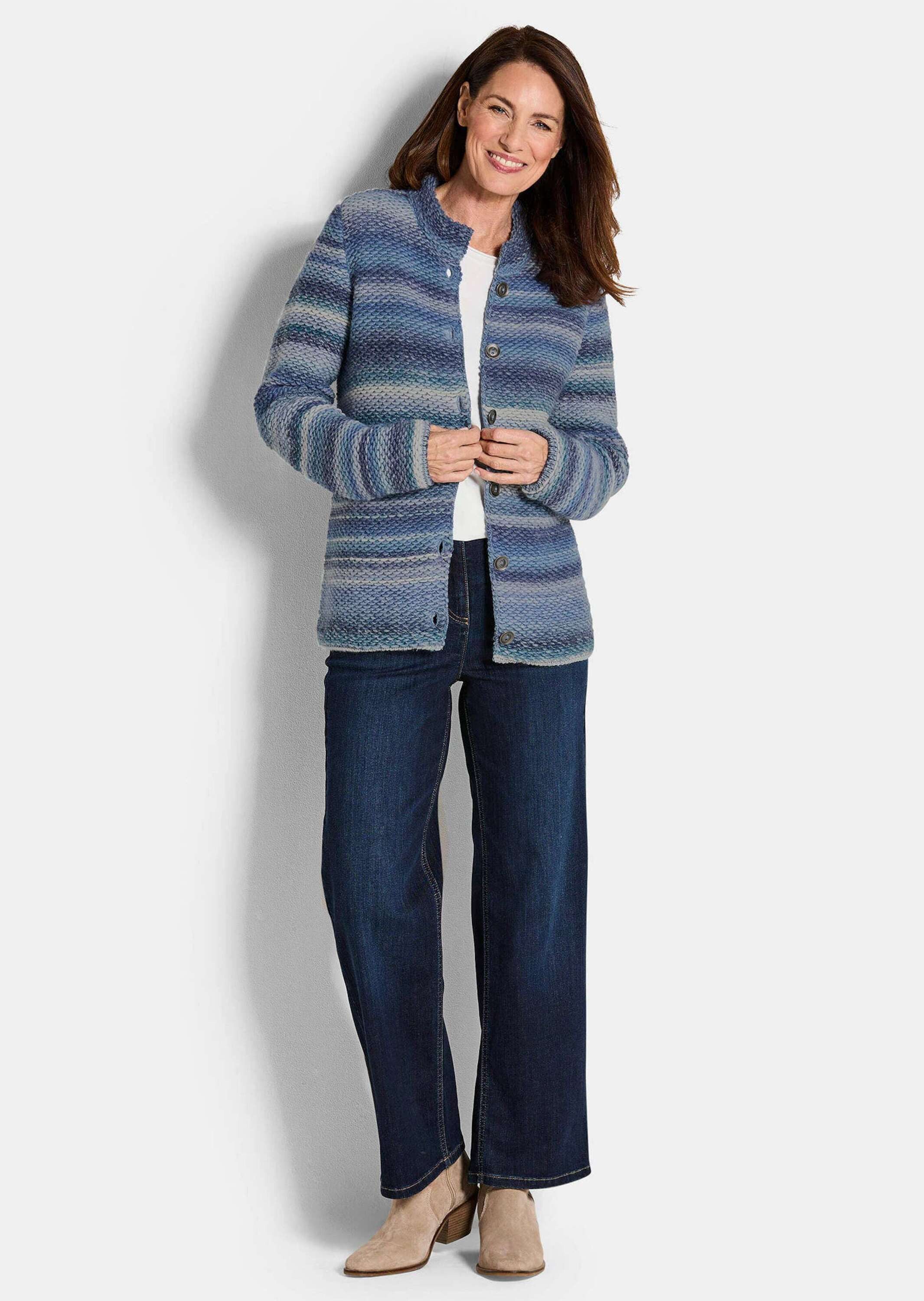 GOLDNER Strickjacke Multicolor Woll-Jacke mit Stehkragen Hüftlanger Schurwo günstig online kaufen