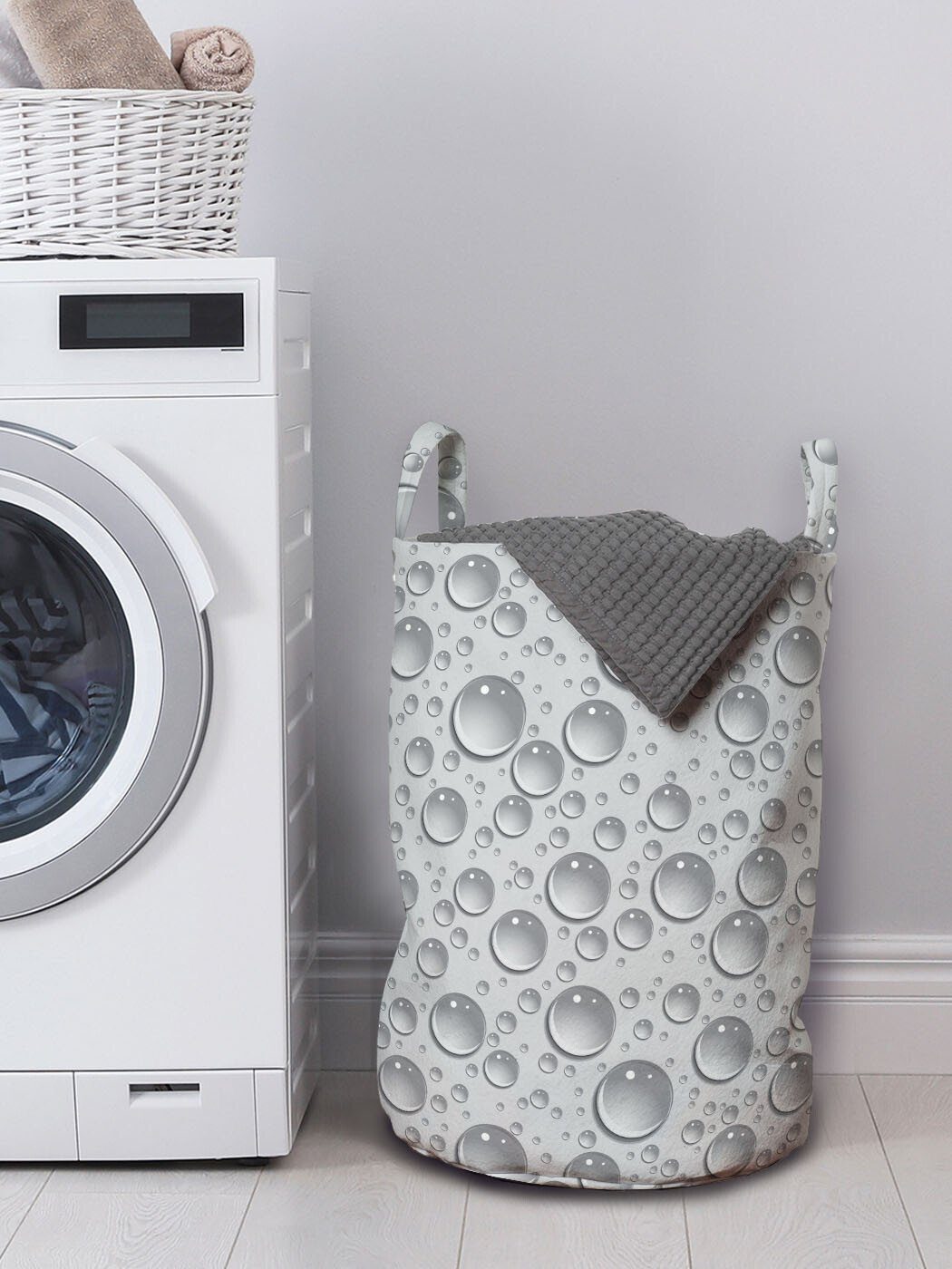 Wassertropfen Waschsalons, Wäschekorb Kordelzugverschluss mit Abakuhaus Grau für Monochrome Griffen Wäschesäckchen