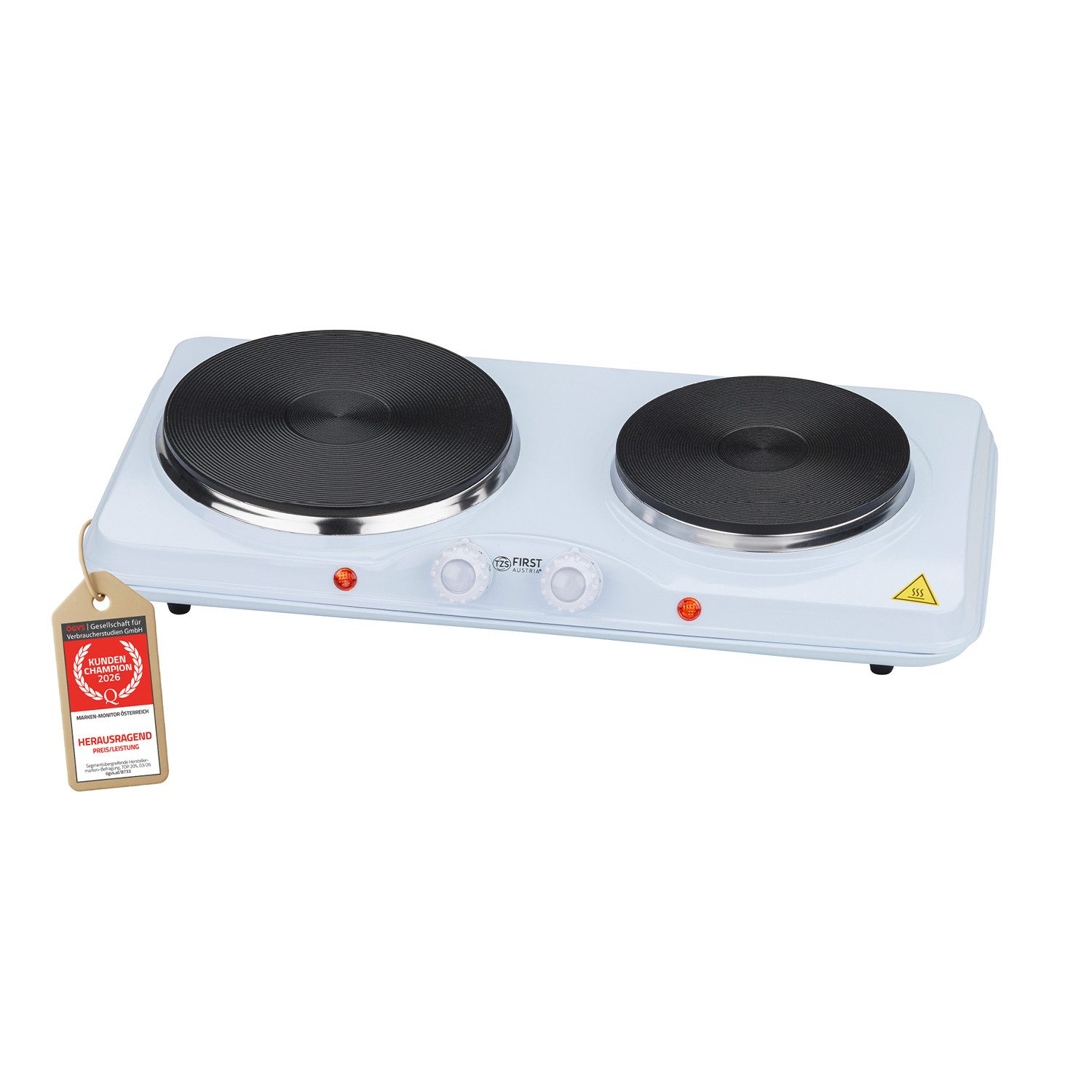 TZS FIRST AUSTRIA Doppelkochplatte 2500W, Gusseisen, 185 & 150 mm, Stufenlose Thermostatsteuerung, Mobile Herdplatte, max 400°C Oberflächentemperatur, Überhitzungsschutz