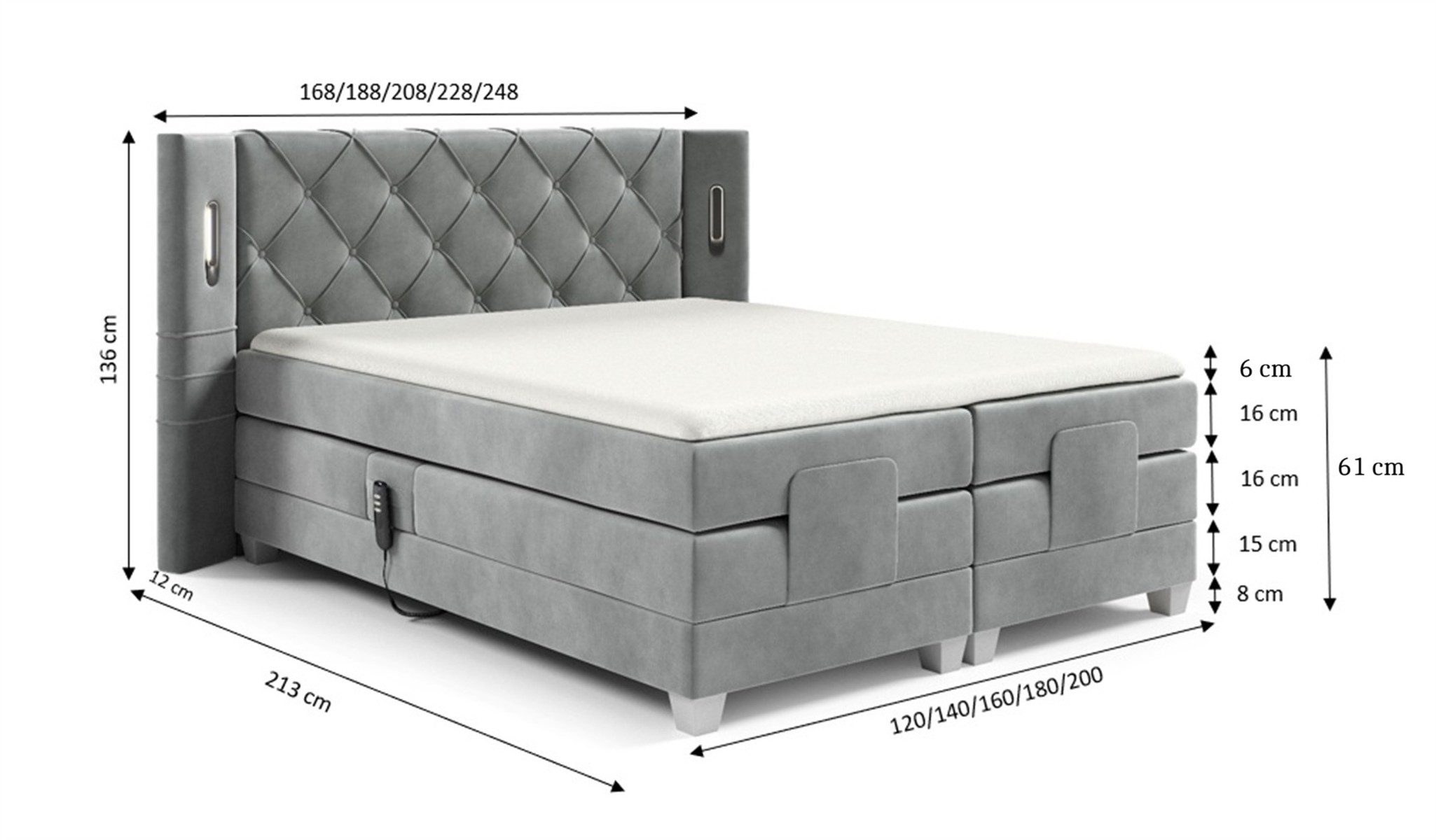 Fun Möbel Boxspringbett Schlafzimmerbett FUN NAREA Elektrisch in Stoff Fresh, Fuß- und Kopfteil elektronisch verstellbar, mit Ambientebeleuchtung