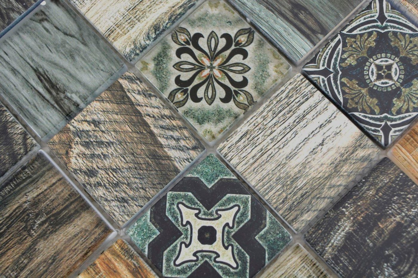 Thumbnail - Mosani Mosaikfliesen Mosaikfliese Patchwork Holzoptik RETRO Vintage blau grün