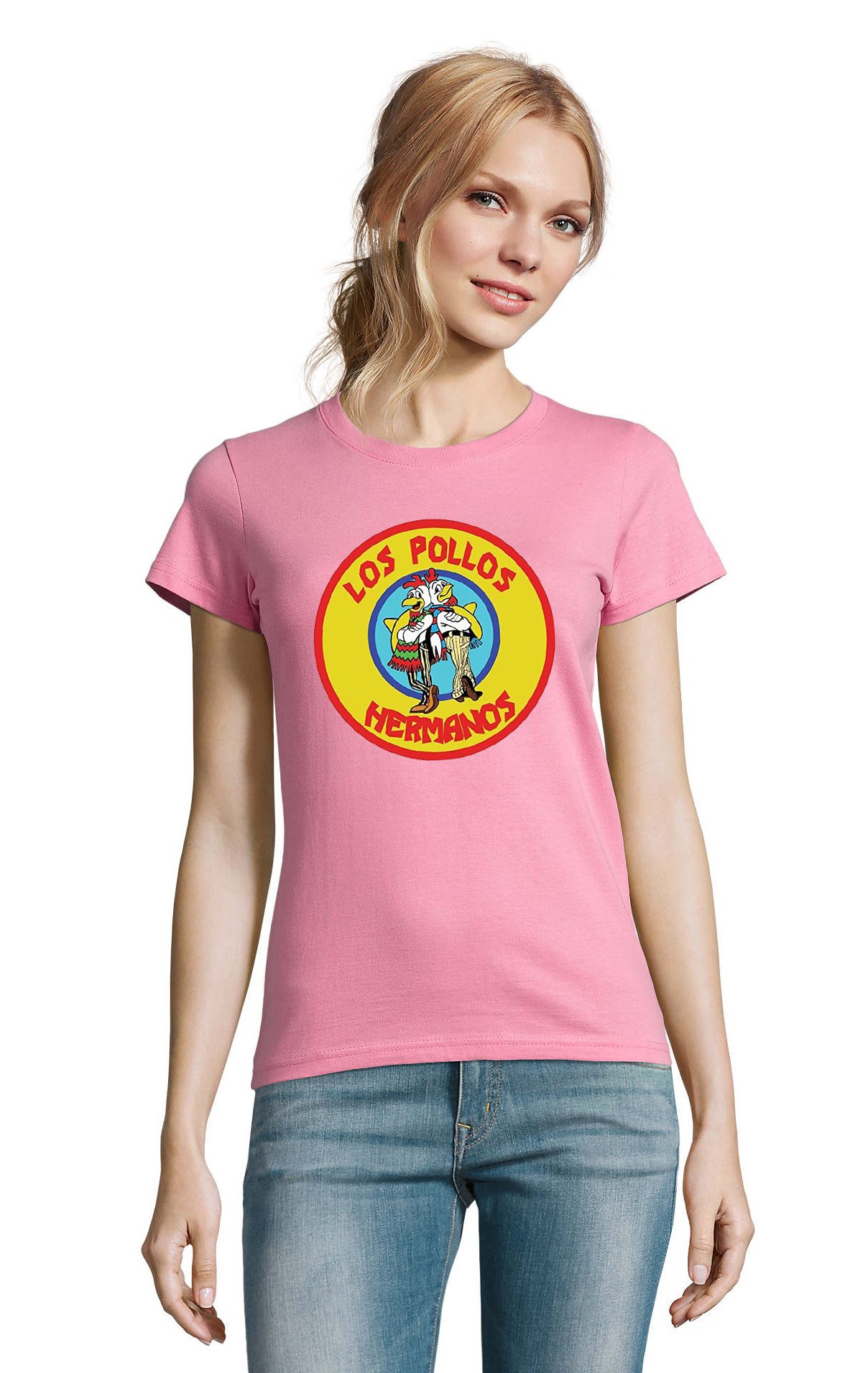 Blondie & Brownie T-Shirt Hermanos Gelb Damen Shirt Los Pollos Print Rundhals Baumwolle Retro (Einzelstück, Einzelartikel) HermanosG D Tee Damen Kultshirt Print