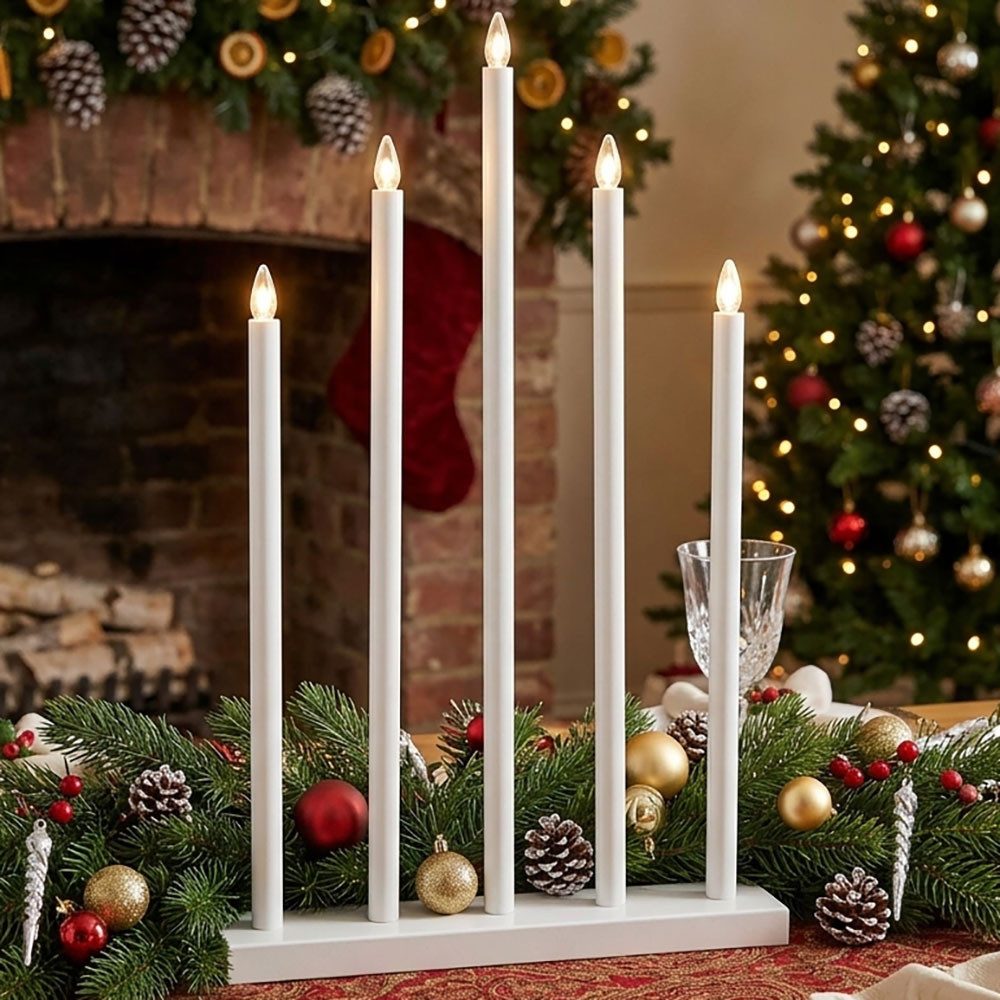 EGLO Dekolicht, Leuchtmittel inklusive, Warmweiß, LED Kerzenständer Weihnachtsbeleuchtung Holz Weiß 5-Flammig H 64 cm