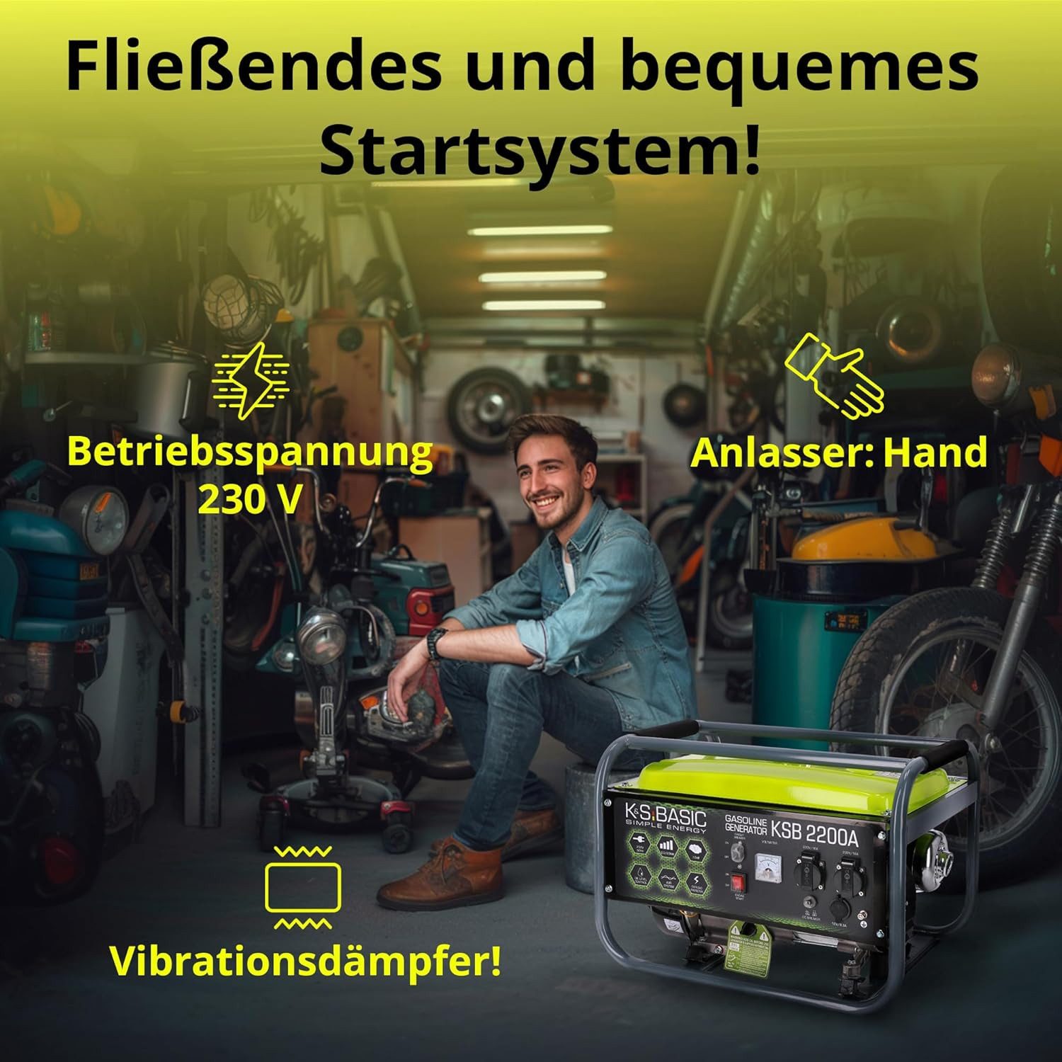 Könner & Söhnen Stromerzeuger KSB 2200A, 2,20 in kW, (Benzingenerator K&S Basic mit AVR, Grundausführung, 1-tlg., Zuverlässige Notstromquelle für Zuhause, Voltmeter, Großer Tank), AVR, Voltmeter, Erfüllt EU-Normen, Zuverlässige Garantie