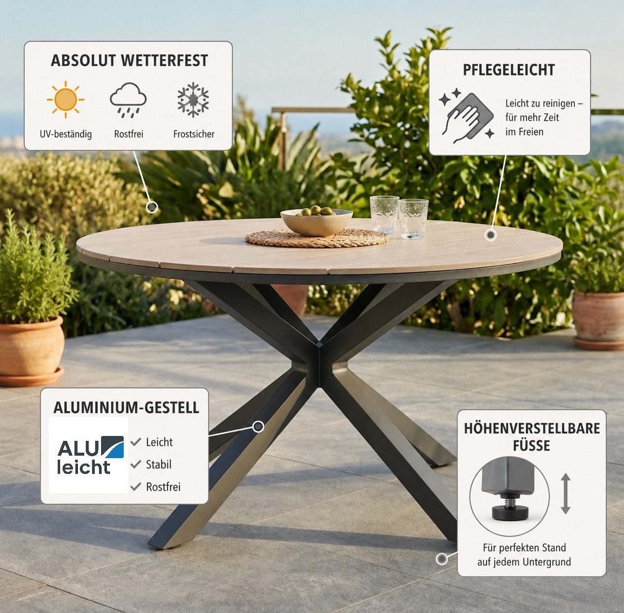 Gardissimo Gartentisch Armati hell rund 148 cm (Esstisch, 1-St., 1 Nonwood Tisch), höhenverstellbare Füße / absolut wetterfest / pflegeleicht / Aluminium