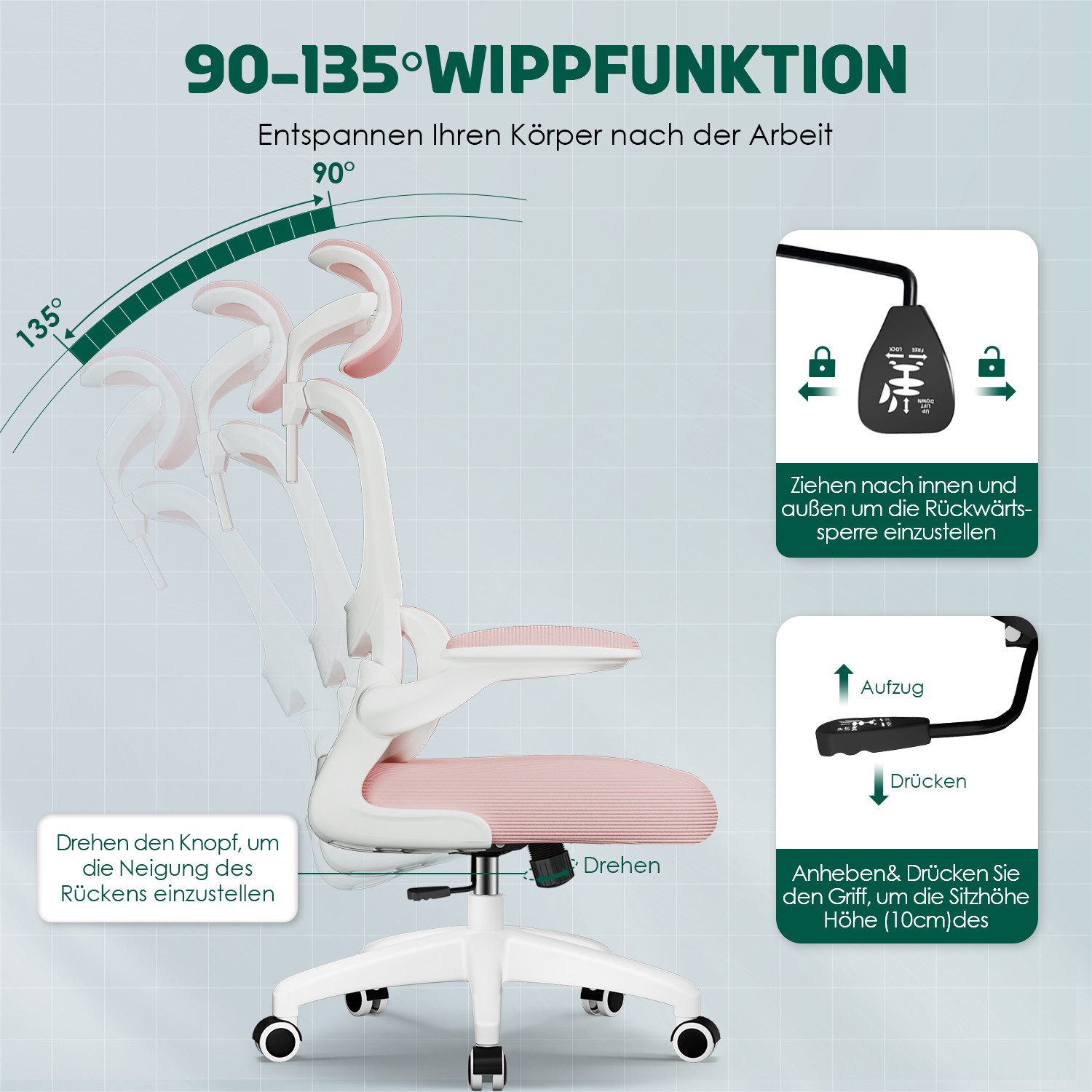 Fukstern Bürostuhl Ergonomischer Bürostuhl mit 90° klappbaren Armlehnen (Verstellbare Kopfstütze, atmungsaktiver Mesh-Bezug, Rücken- und Taillenstütze, Neigung fixierbar bei 90° (maximal kippbar bis 135), bis 150 kg belastbar