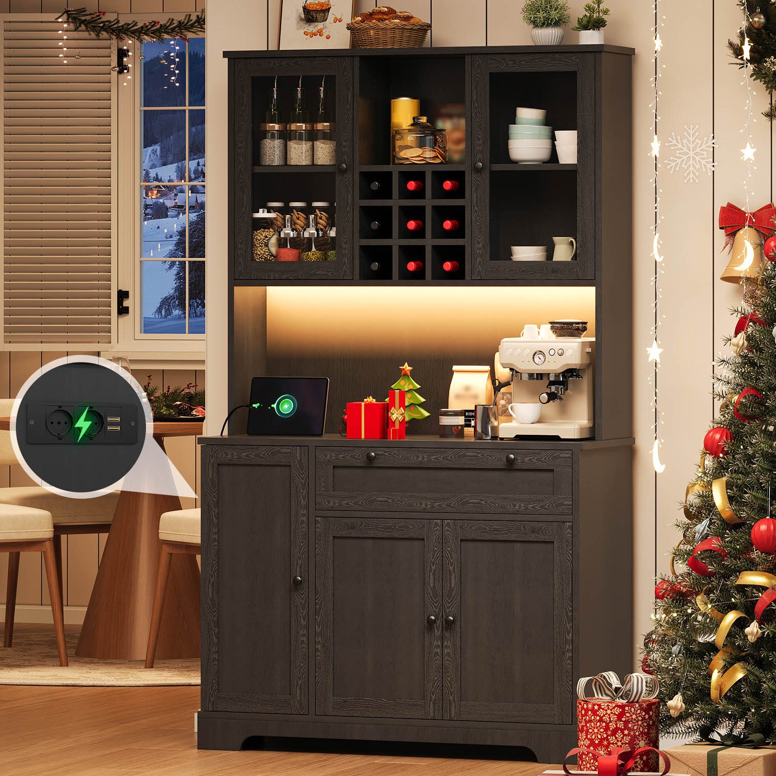 Flieks Küchenbuffet mit Steckdose, LED-Beleuchtung, Weinregal, Glastüren und Türablagen (1-St., 105x40x180 cm) Hochschrank Küchenschrank Geschirrschrank mit verstellbare Ablagen