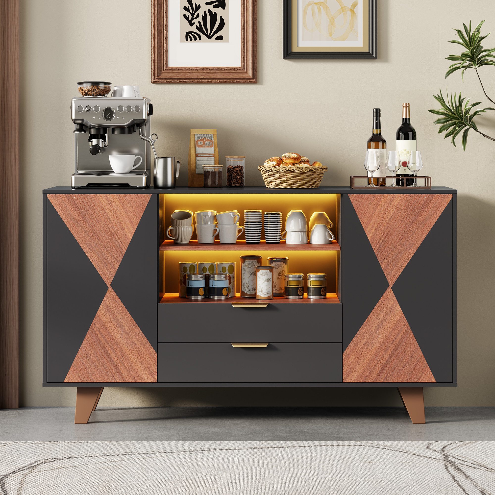 Flieks Kommode Sideboard mit LED-Beleuchtung, Schubladen, verstellbaren Einlegeböden (1 St., 150x40x90 cm), Küchenschrank Multifunktionsschrank geometrisch Front Schwarz&Natur