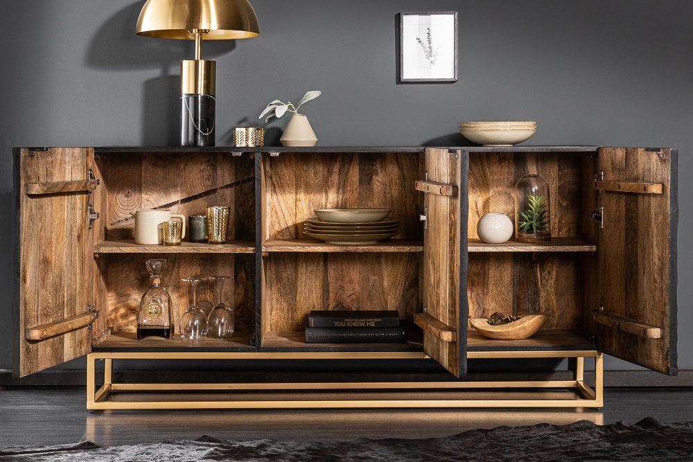 riess-ambiente Sideboard SCORPION 140cm schwarz / gold, Massivholz · Metall · Kommode · 3D Schnitzereien · Wohnzimmer