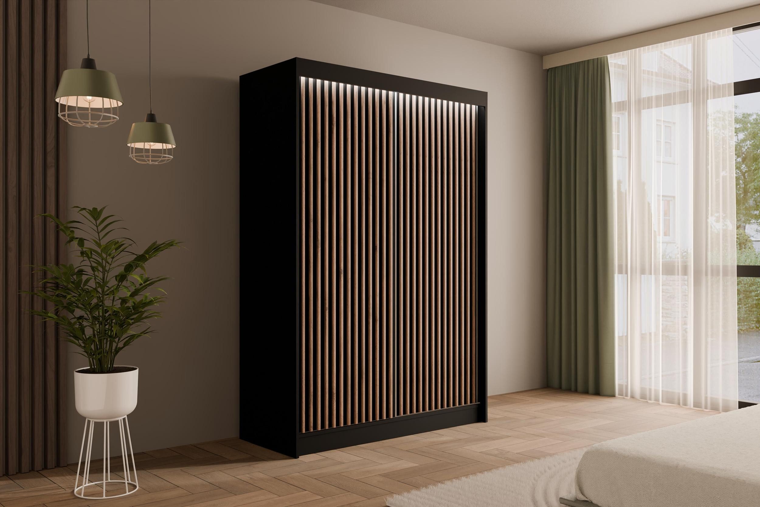 ALTDECOR Schiebetürenschrank VILANv2 (Kleiderschrank Garderobenschrank mit viel Stauraum Moderner Schrank) Vielseitiger Schwebetürenschrank Lamellen LED Beleuchtung
