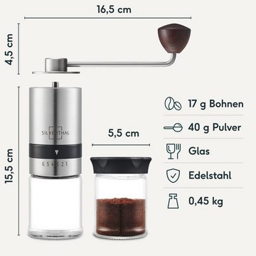 SILBERTHAL Kaffeemühle manuell, Kegelmahlwerk, 17,00 g Bohnenbehälter, Handmühle aus Edelstahl mit Ersatzglas und Reinigungspinsel