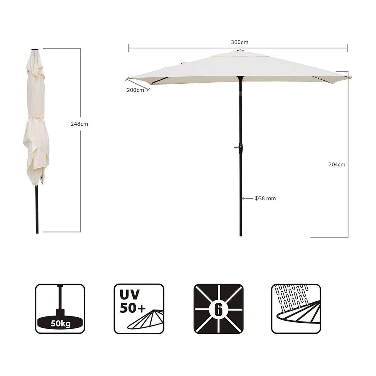 Sekey Sonnenschirm Rechteckig 3x2 m Sonnenschirm Aluminium Marktschirm mit Kurbel, Gartenschirm Groß, mit/ohne LED-Lichtern, 30° knickbar, für Garten
