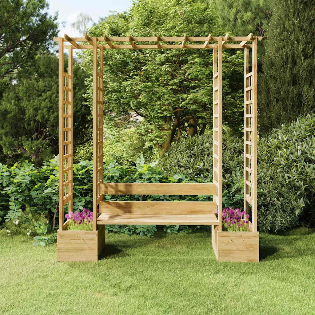 furnicato Pergola aus massivem Kiefernholz grün imprägniert 230x60x198 cm, (1-tlg), Gartenbogen mit integrierter Sitzbank und zwei Pflanzgefäßen