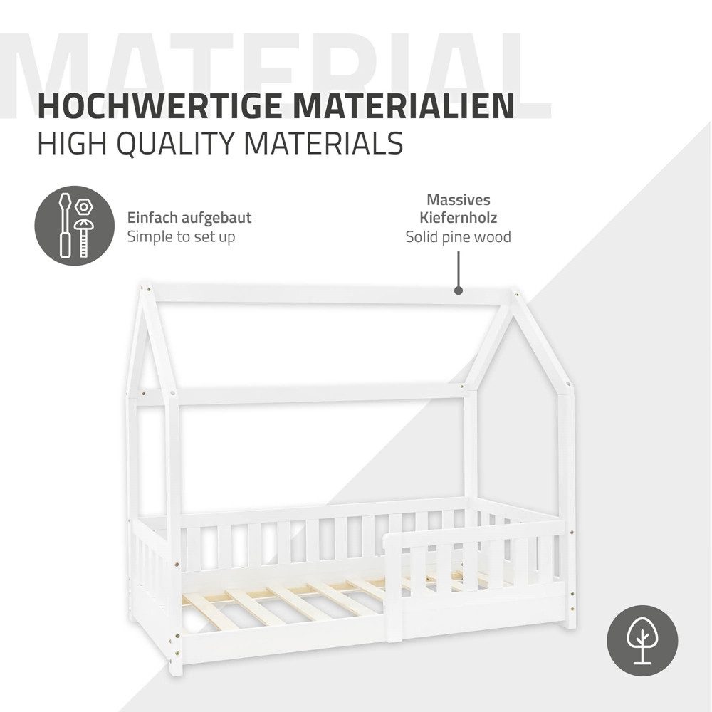 ML-DESIGN Spielbett Hausbett Kinderbett inkl. Lattenrost kreativ Bodenbett für Kinder, Abenteuerbett zum Spielen mit Rausfallschutz Kiefer Weiß Himmelbett – Bild 5 von 5
